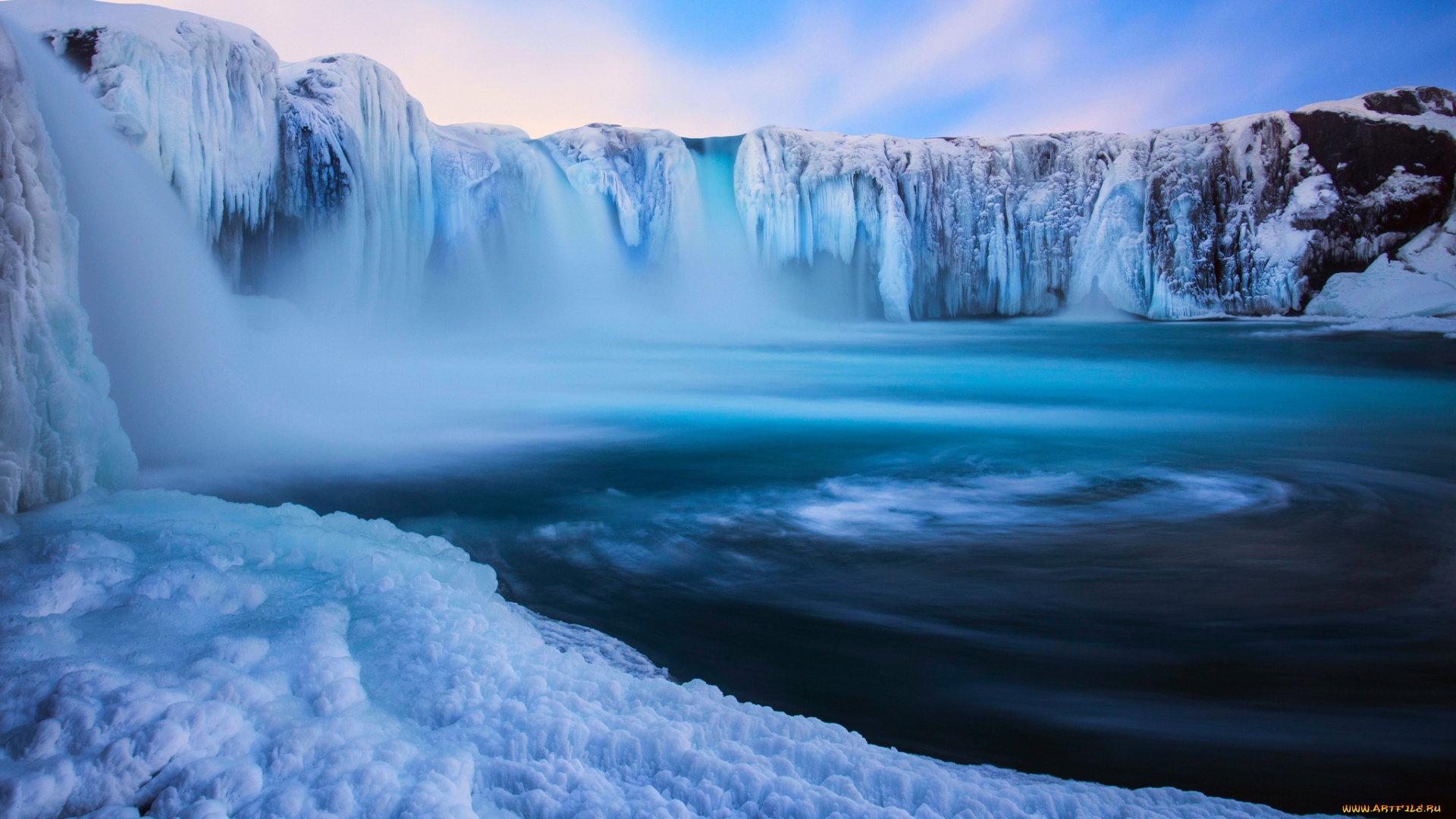godafoss, iceland, природа, водопады, лёд, зима, исландия, годафосс