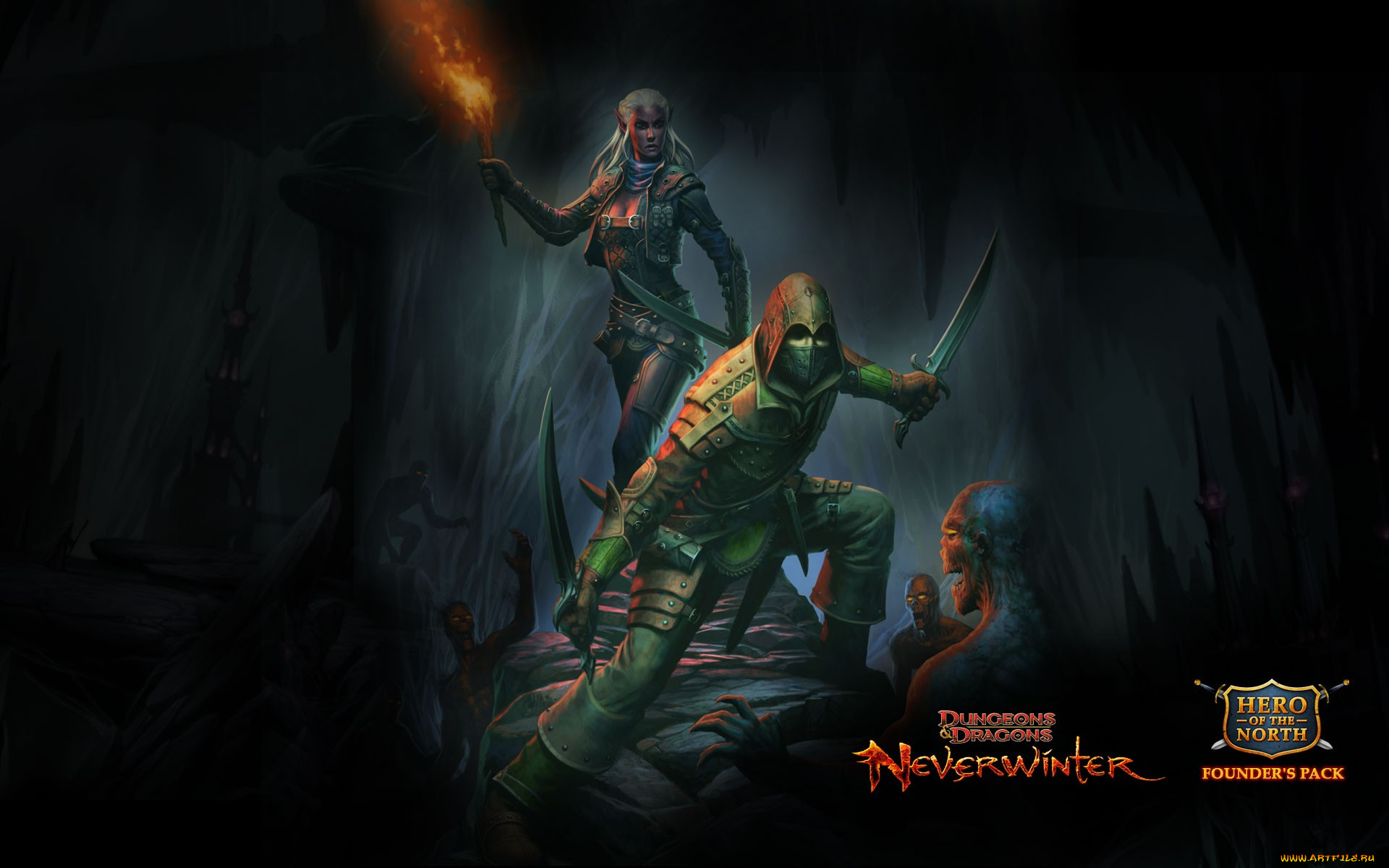 dungeons, dragons, neverwinter, видео, игры, пещера, факел, существа, воины, оружие