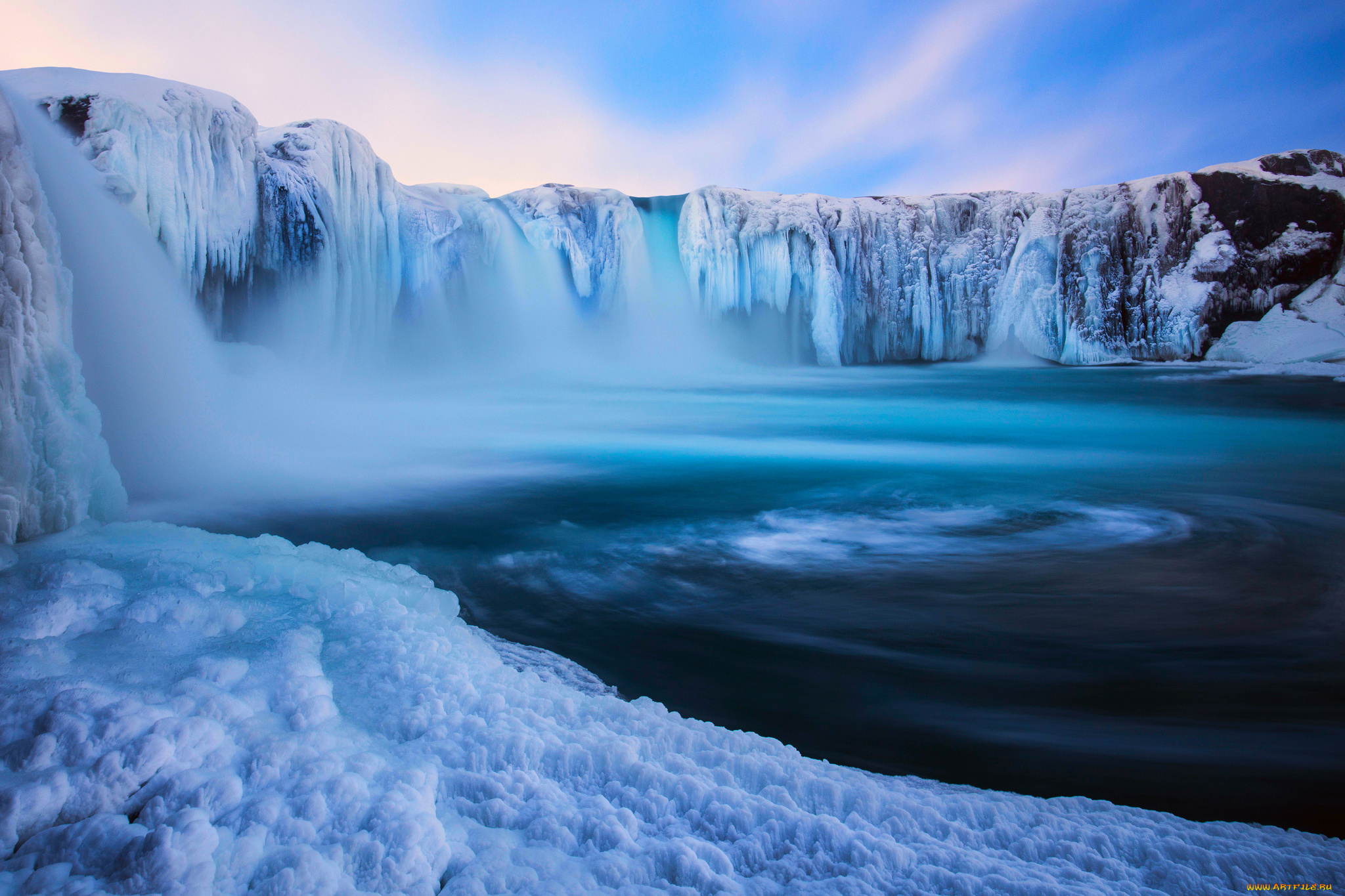 godafoss, iceland, природа, водопады, лёд, зима, исландия, годафосс
