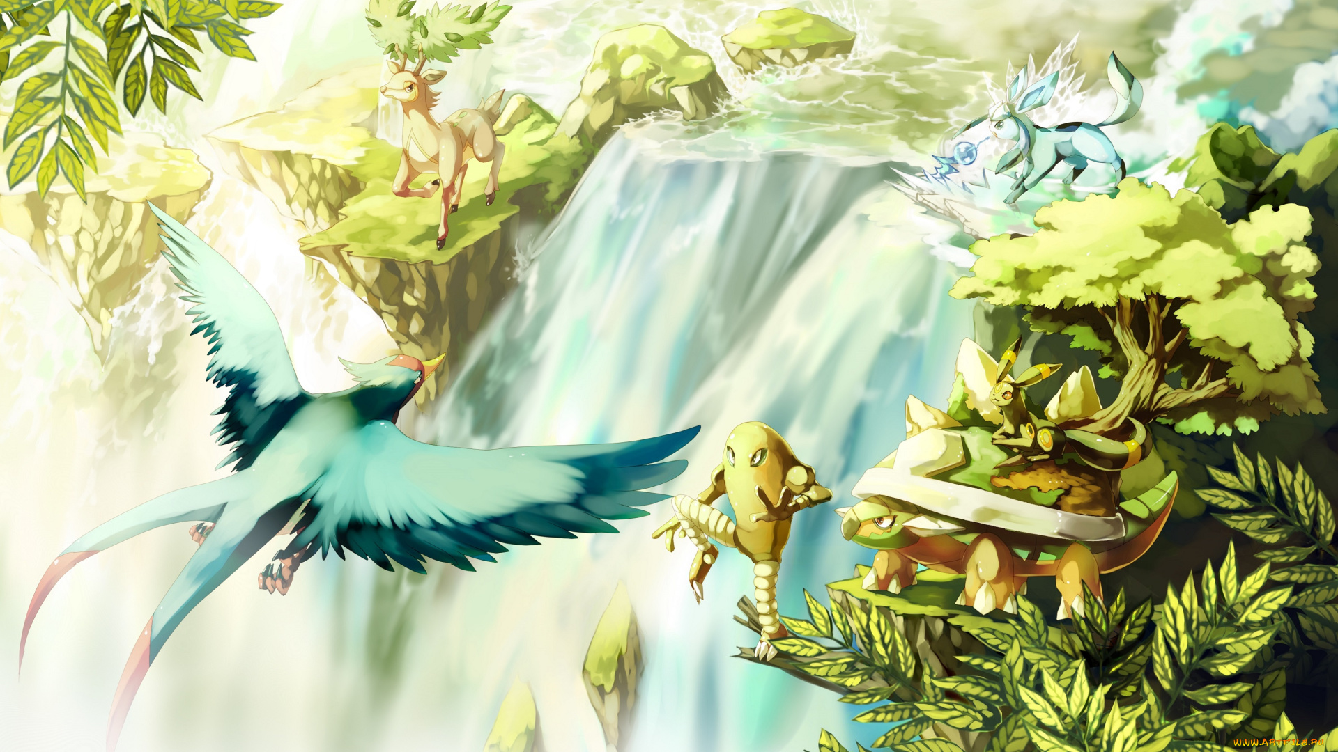 аниме, pokemon, дикие, листья, покемоны, природа, водопад, деревья, зелень, скала, красота