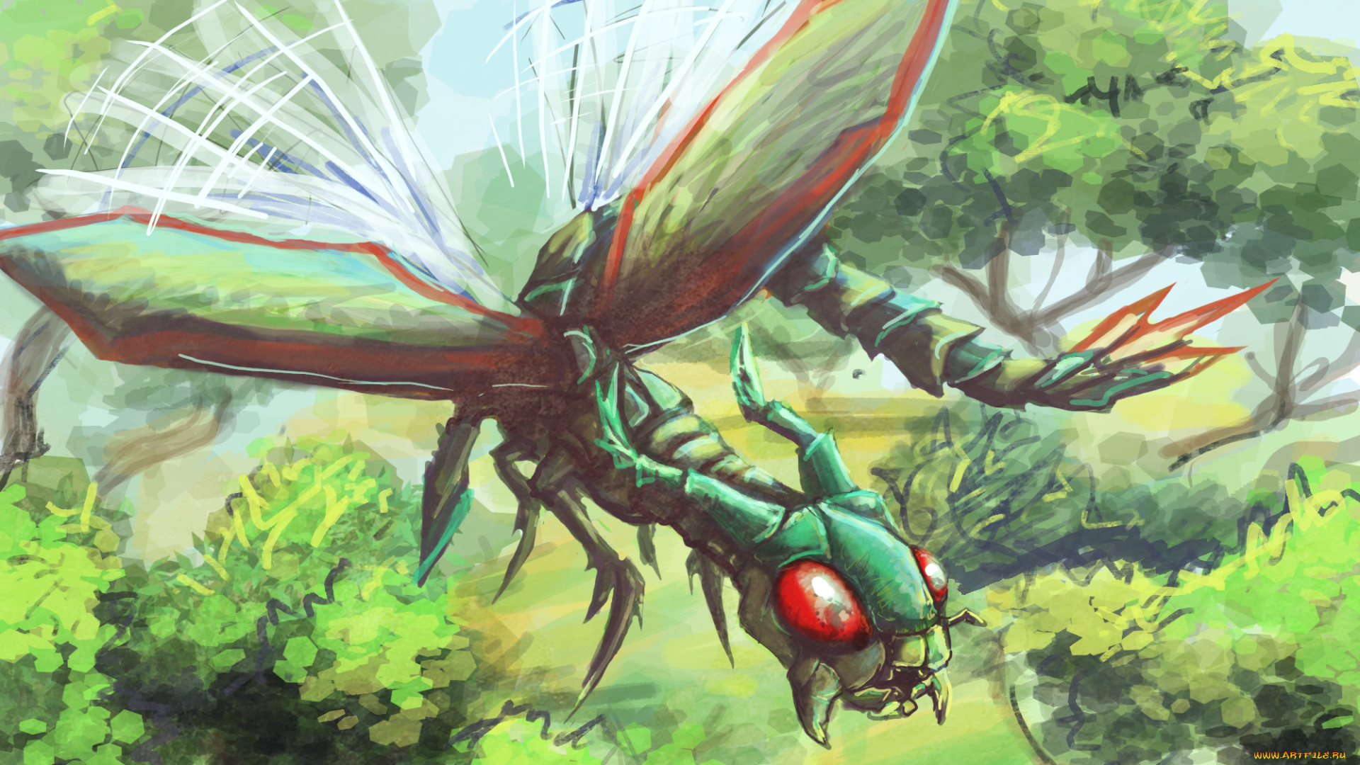 аниме, pokemon, зелёный, летит, покемон, насекомое, крылья, арт, деревья