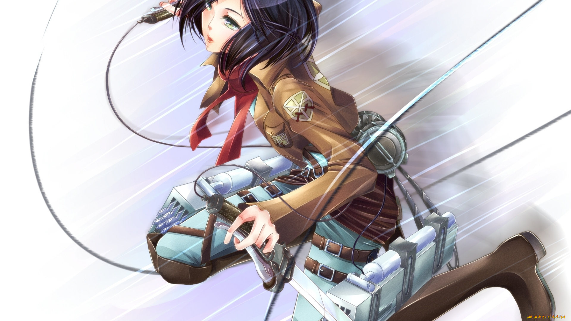 аниме, shingeki, no, kyojin, полет, mikasa, ackerman, девушка, art, солдат, клинки, пояс, приспособления