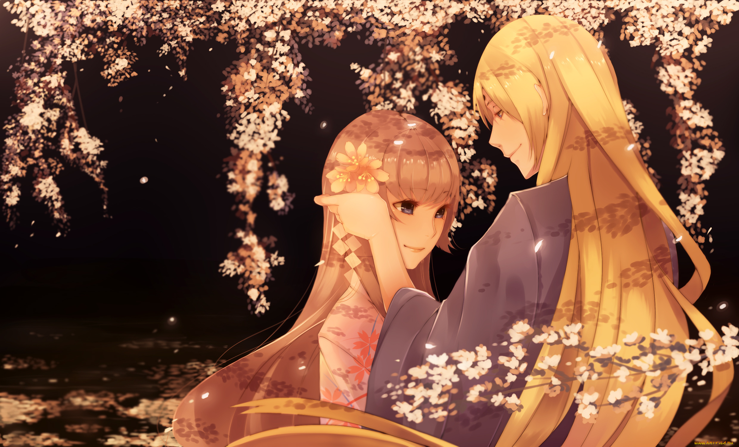 аниме, *unknown, , другое, кимоно, деревья, цветы, сакура, парень, девушка