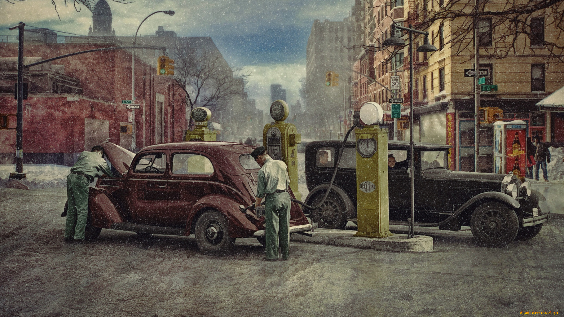 рисованное, авто, мото, автозаправка, 1930, люди, город, ретро, автомобили, зима