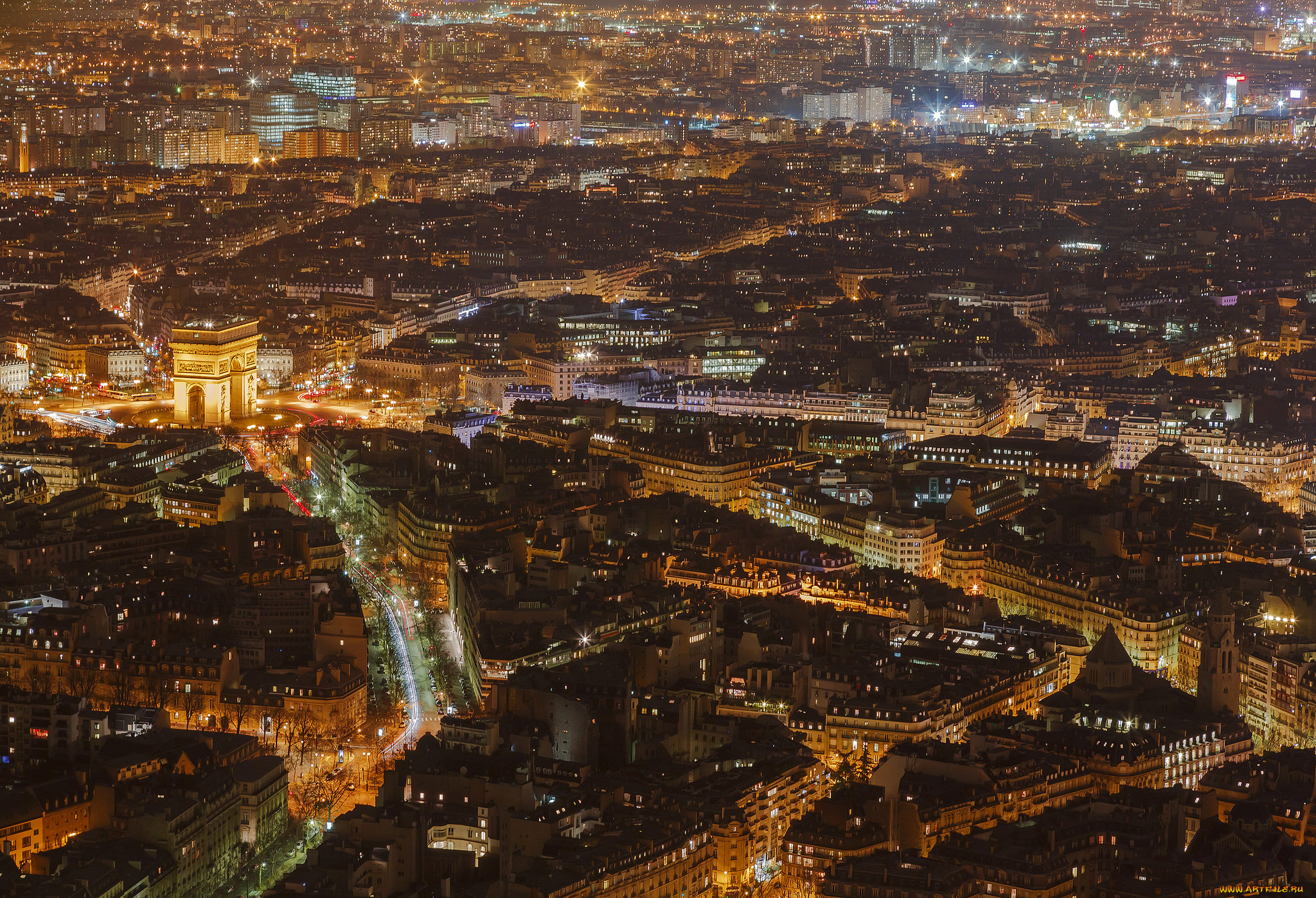 города, париж, , франция, панорама, огни, ночь, триумфальная, арка, дома, париж
