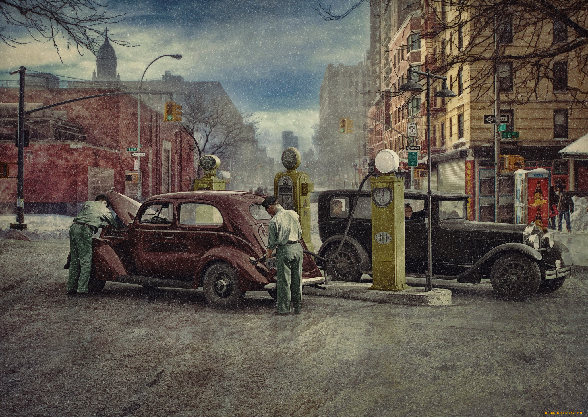 рисованное, авто, мото, автозаправка, 1930, люди, город, ретро, автомобили, зима