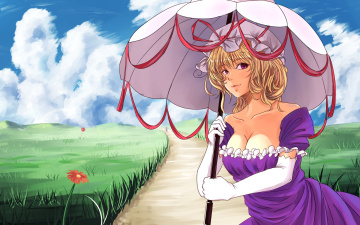 Картинка аниме touhou лето пейзаж зонт девушка дорожка цветы облака