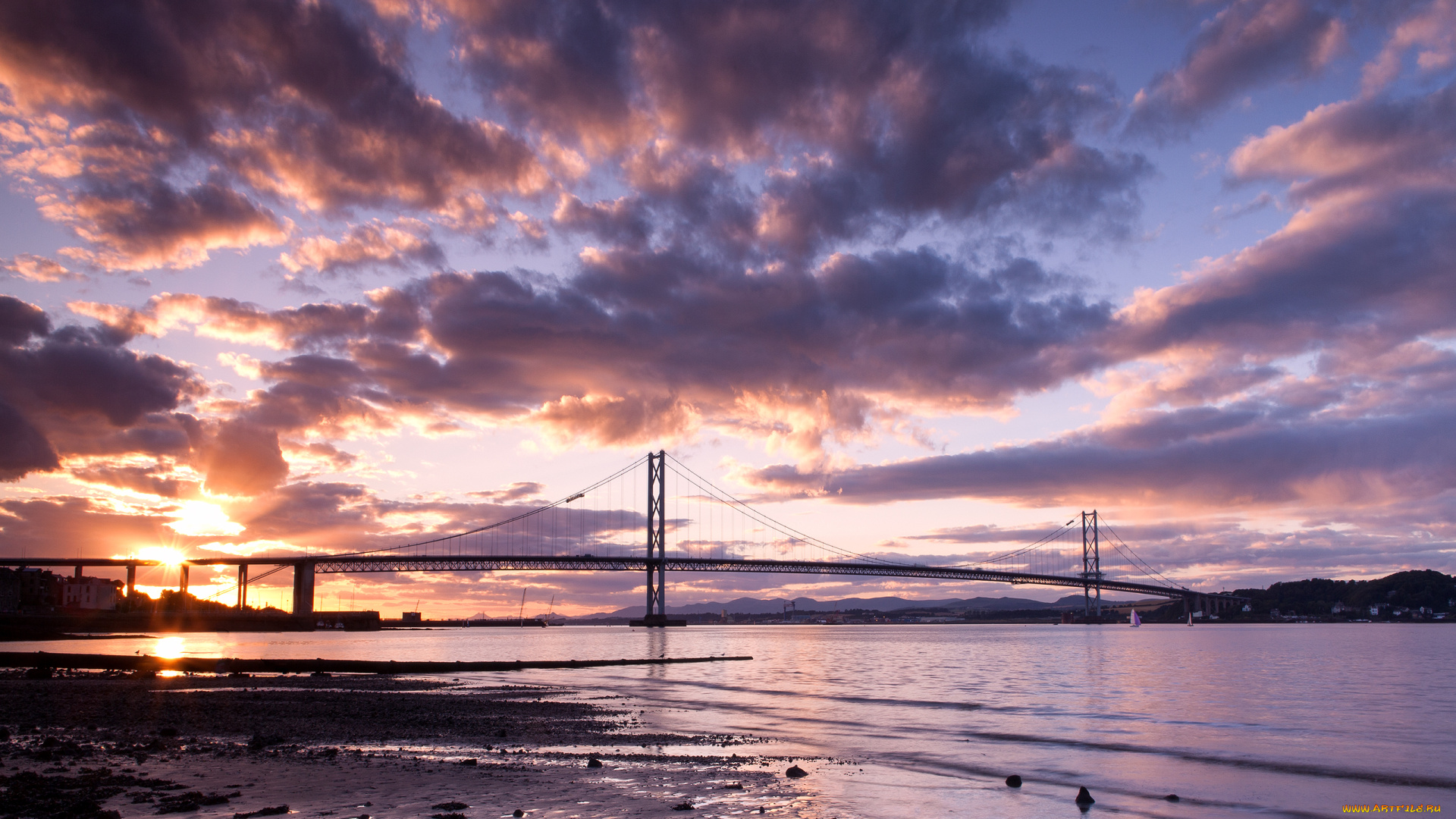 forth, road, bridge, in, scotland, города, -, мосты, река, берега, облака, камни, рассвет, мост