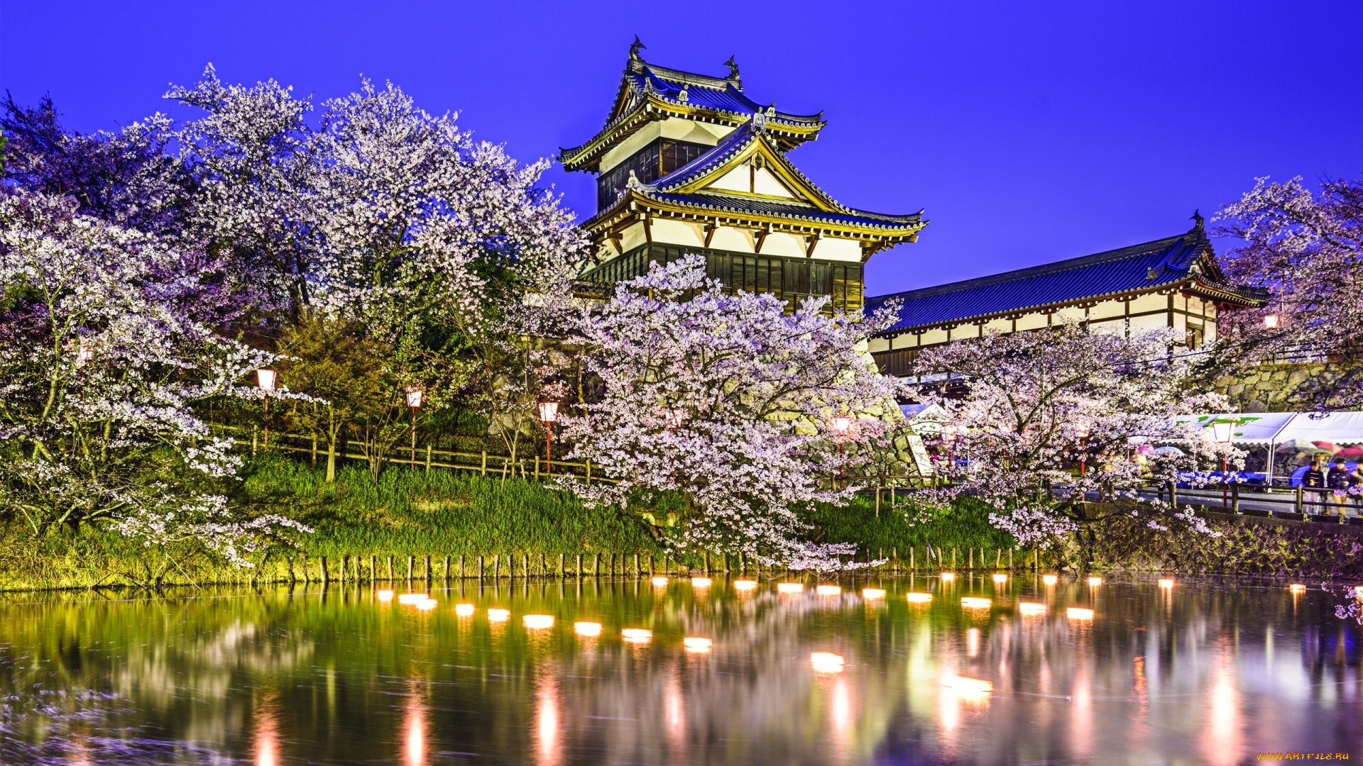 koriyama, castle, -, yamatokoriyama, , japan, города, замки, Японии, Яматокорияма, замок, корияма, japan, yamatokoriyama, парк, koriyama, castle, весна, водоём, пруд, Япония, огни, отражение, сакура, деревья