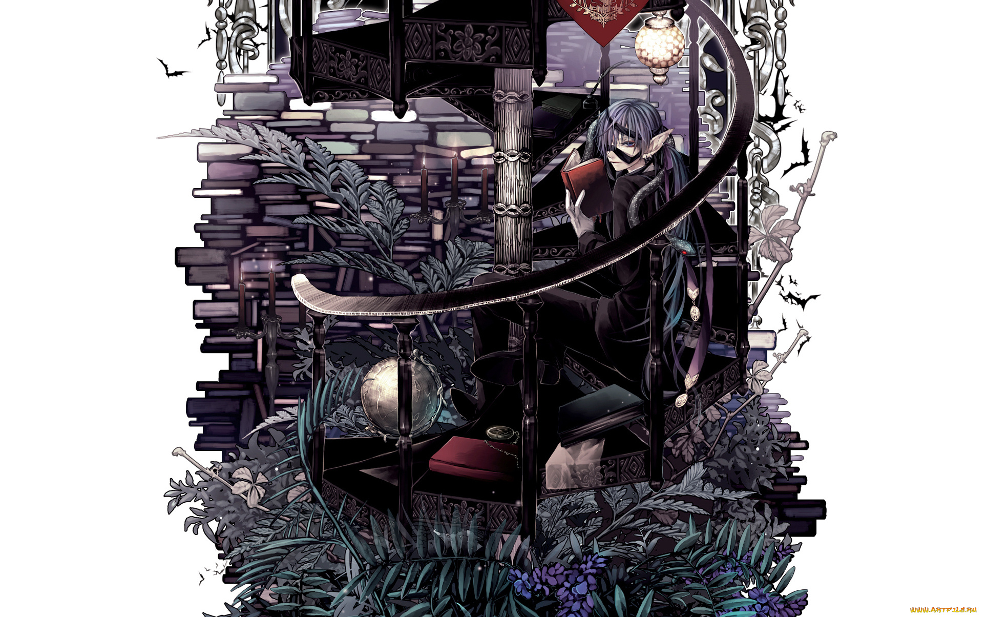 аниме, -weapon, , blood, &, technology, книги, эльф, парень, растения, лестница