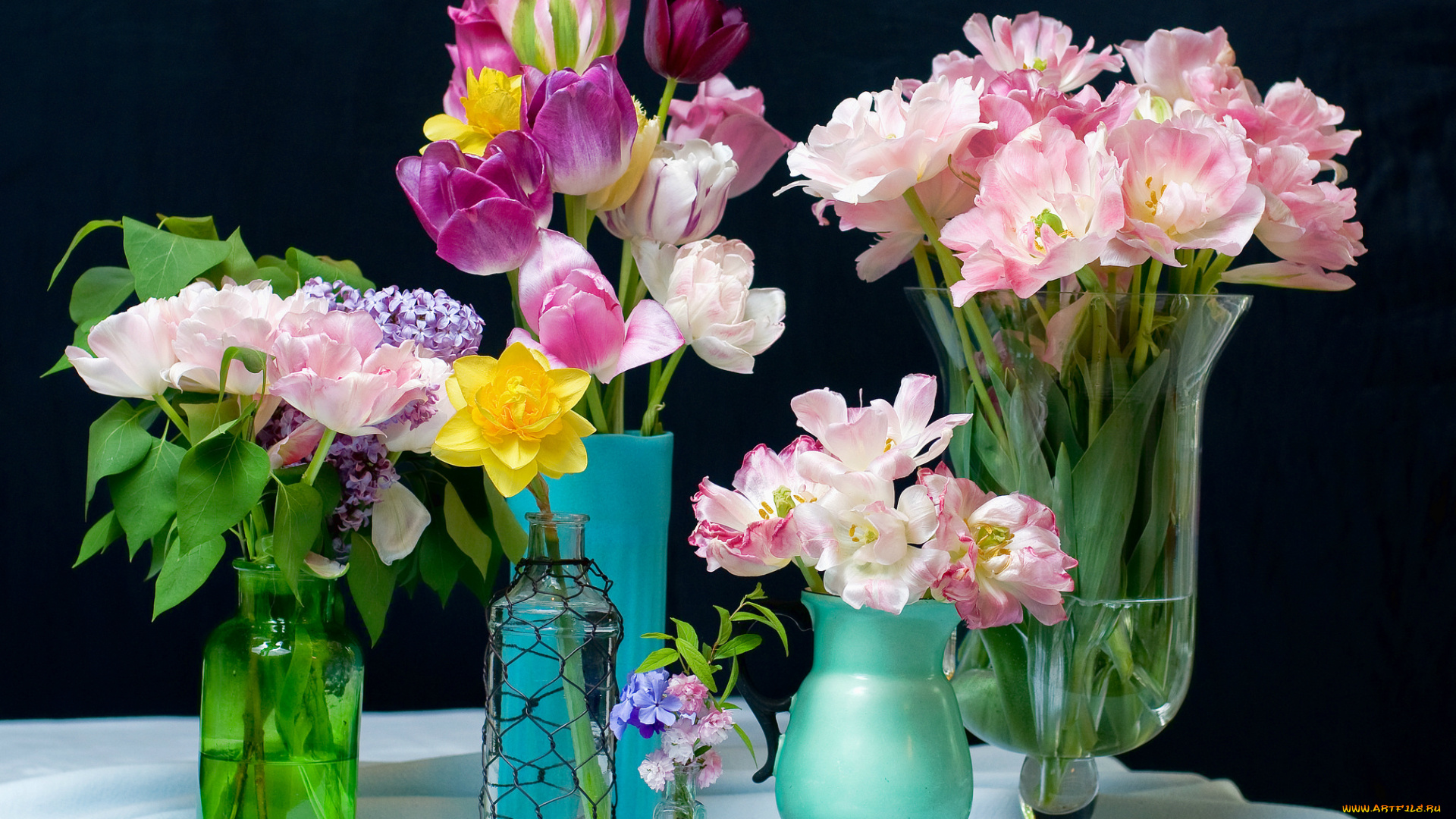 цветы, букеты, , композиции, сирень, нарцисс, тюльпаны, вазы