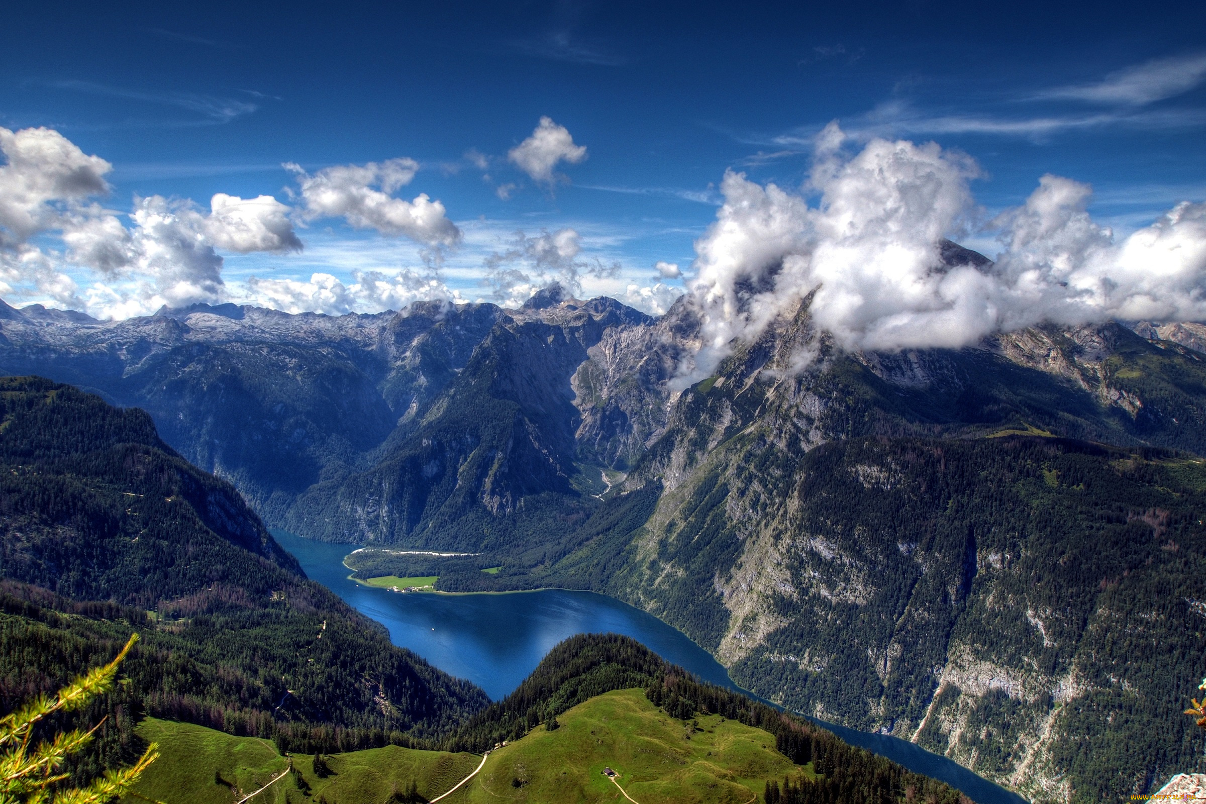 природа, реки, озера, вид, сверху, панорама, поля, леса, облака, альпы, горы, германия, бавария, bavarian, alps, река
