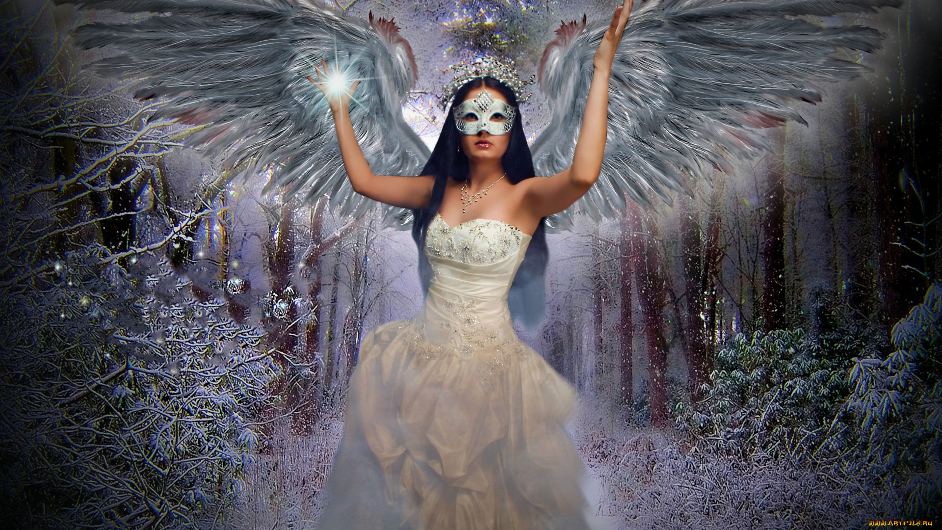 фэнтези, ангелы, платье, крылья, девушка, фон, маска