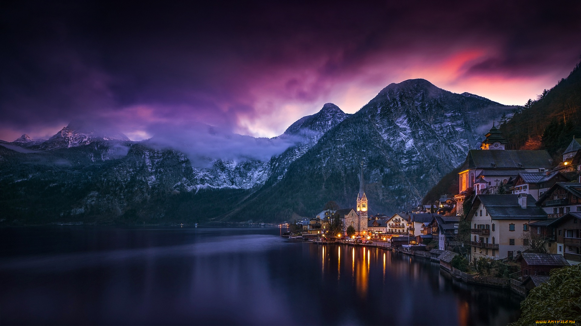 города, -, панорамы, горы, хальштатт, hallstatt, австрия, вечер, озеро, облака, небо