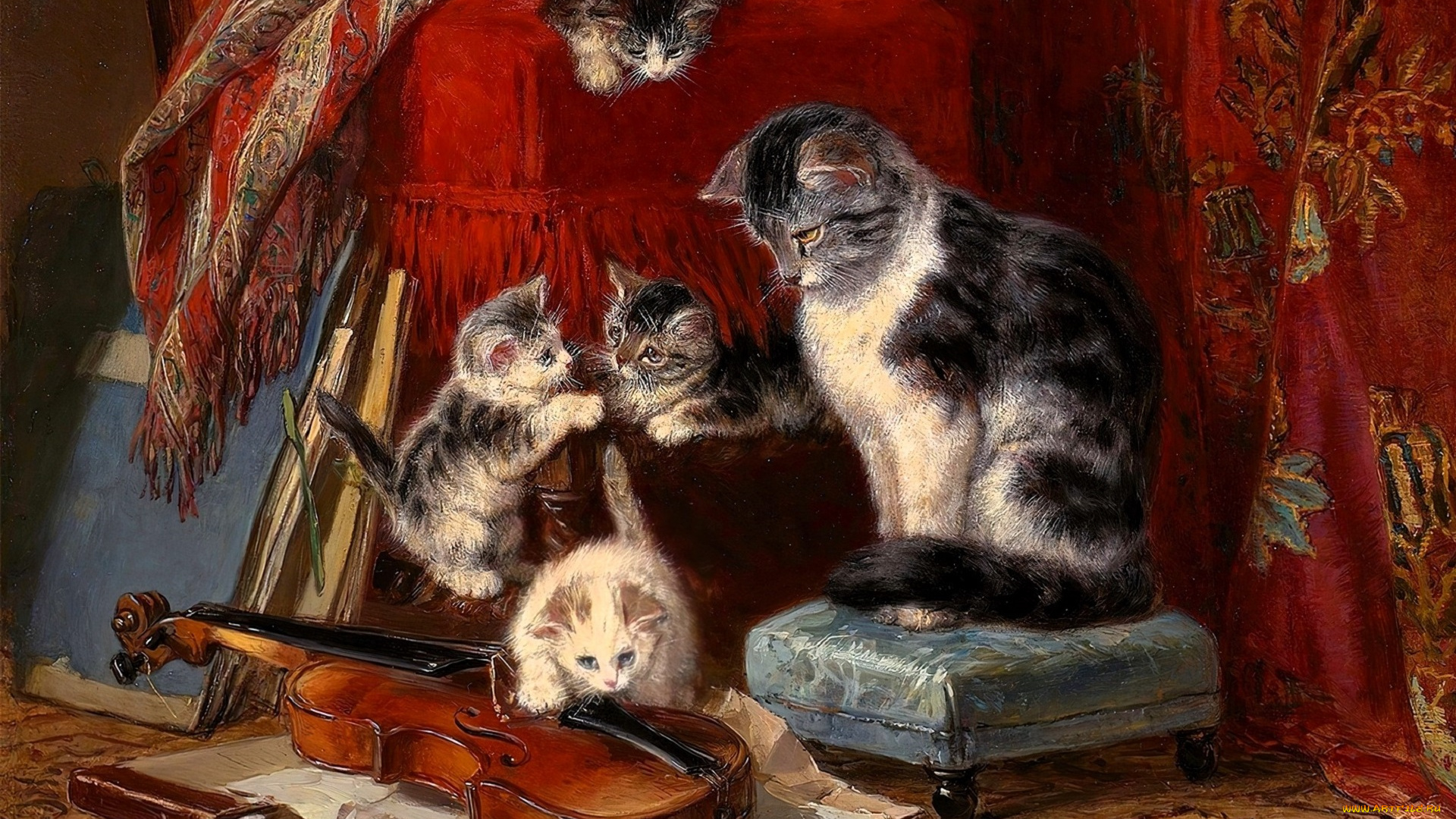 рисованное, henriette, ronner-knip, кошка, котята, скрипка, пуфик