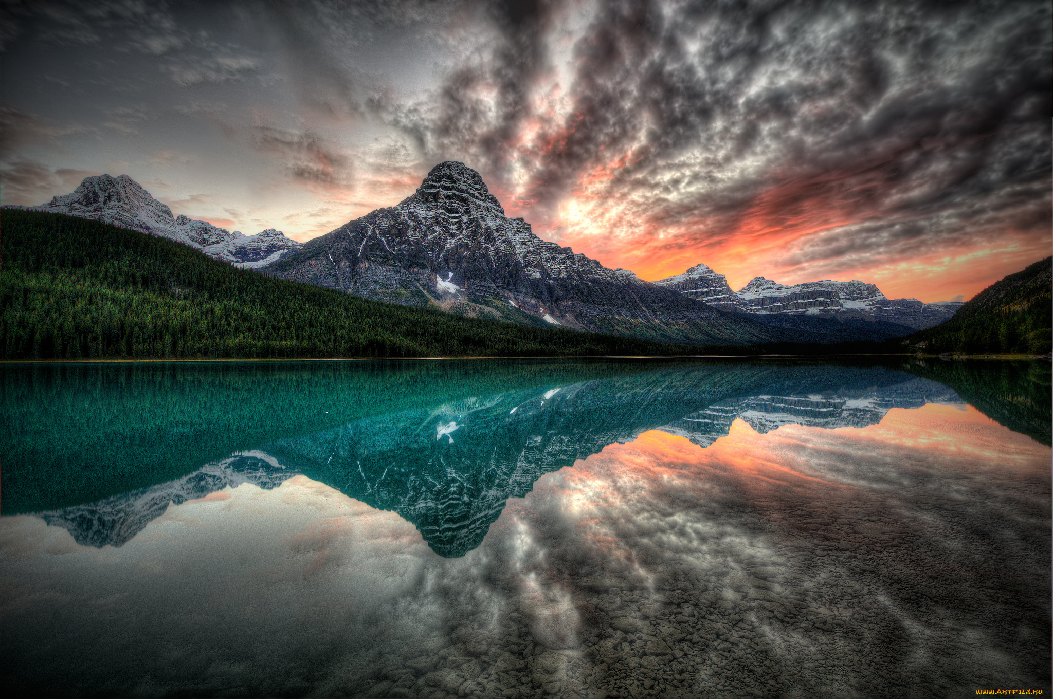 природа, реки, озера, отражение, канада, озеро, горы, закат
