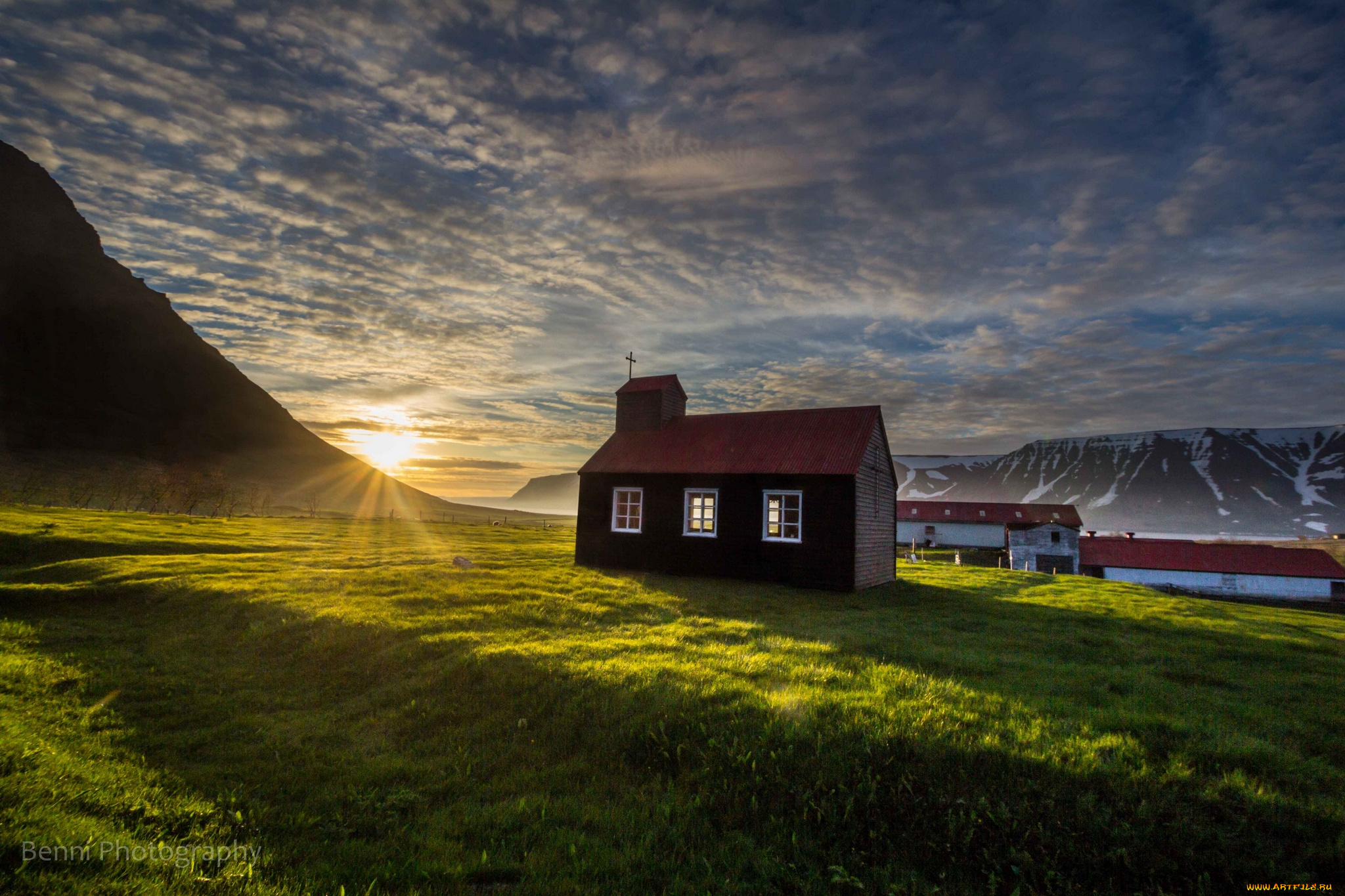 iceland, природа, восходы, закаты, исландия, часовня, горы, закат