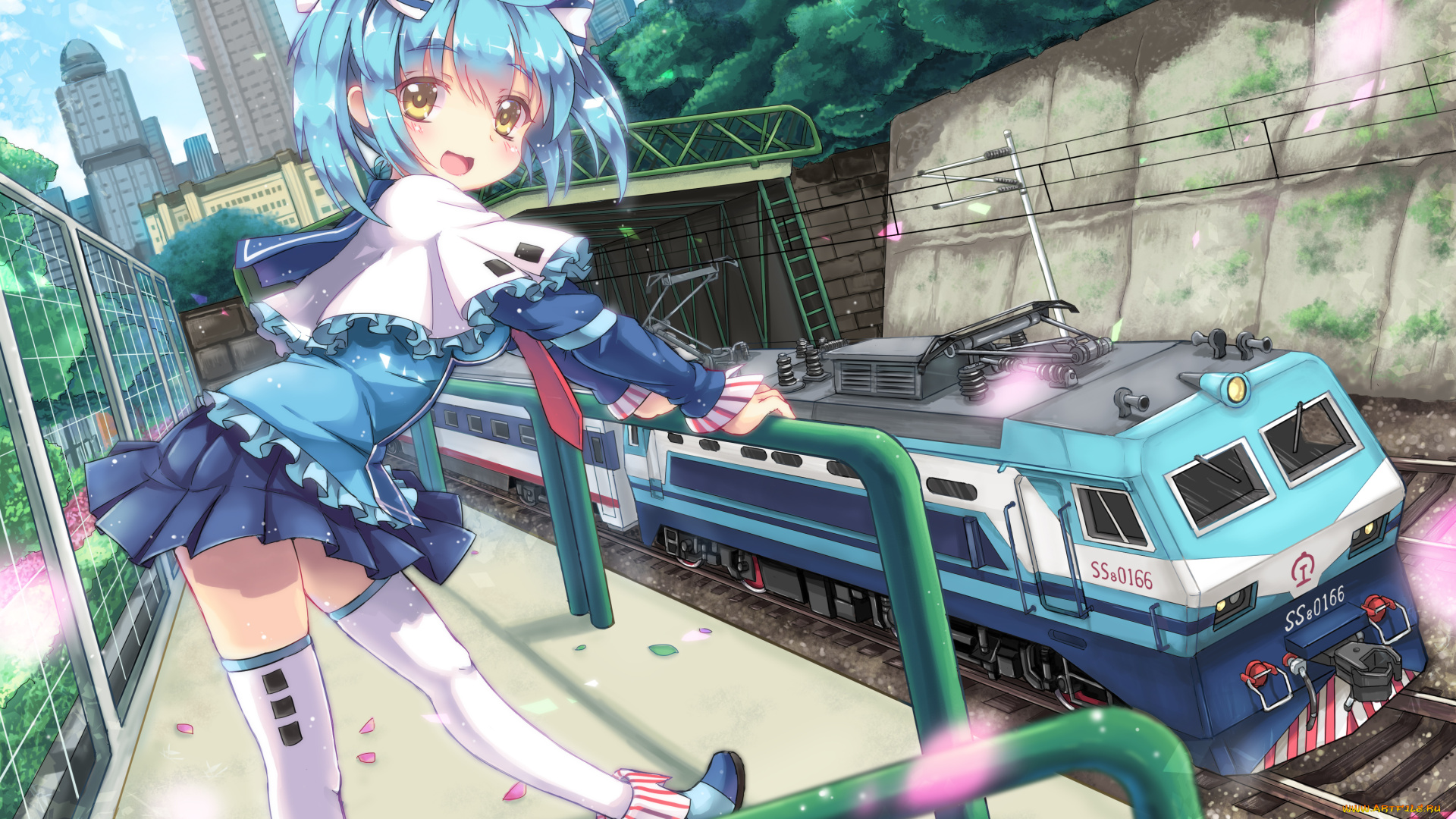 аниме, -weapon, , blood, &, technology, деревья, синие, волосы, поезд, улыбка, девушка, арт