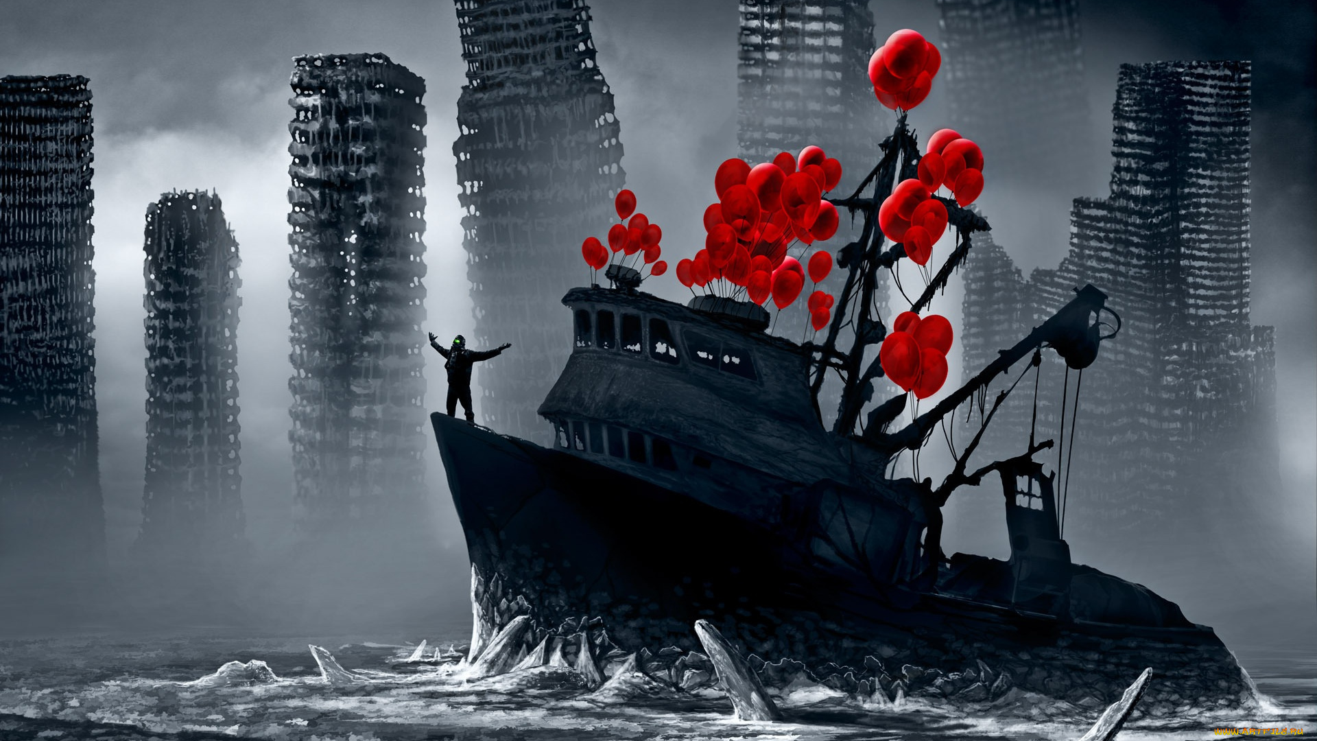 фэнтези, корабли, романтика, апокалипсиса, красные, шарики, арт, руины, корабль, люди