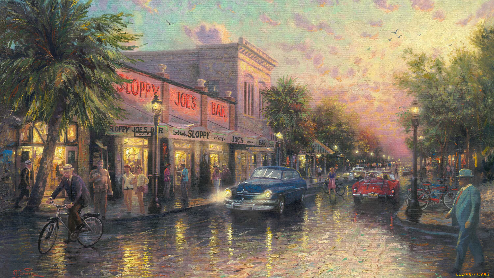 key, west, рисованные, thomas, kinkade, город, бар, улица, пальмы, вечер