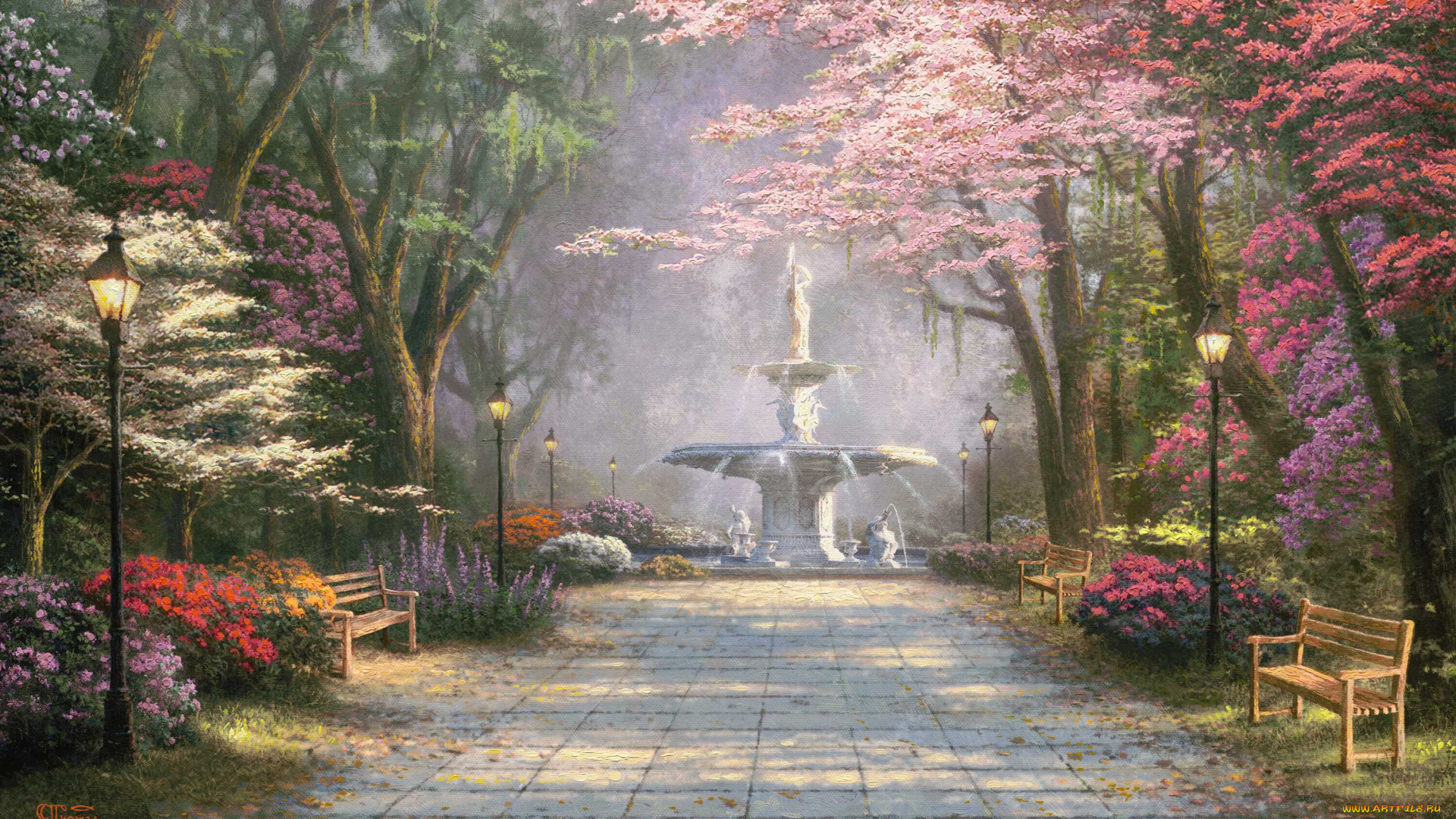 savannah, romance, рисованные, thomas, kinkade, парк, аллея, фонарь, фонтан, цветы