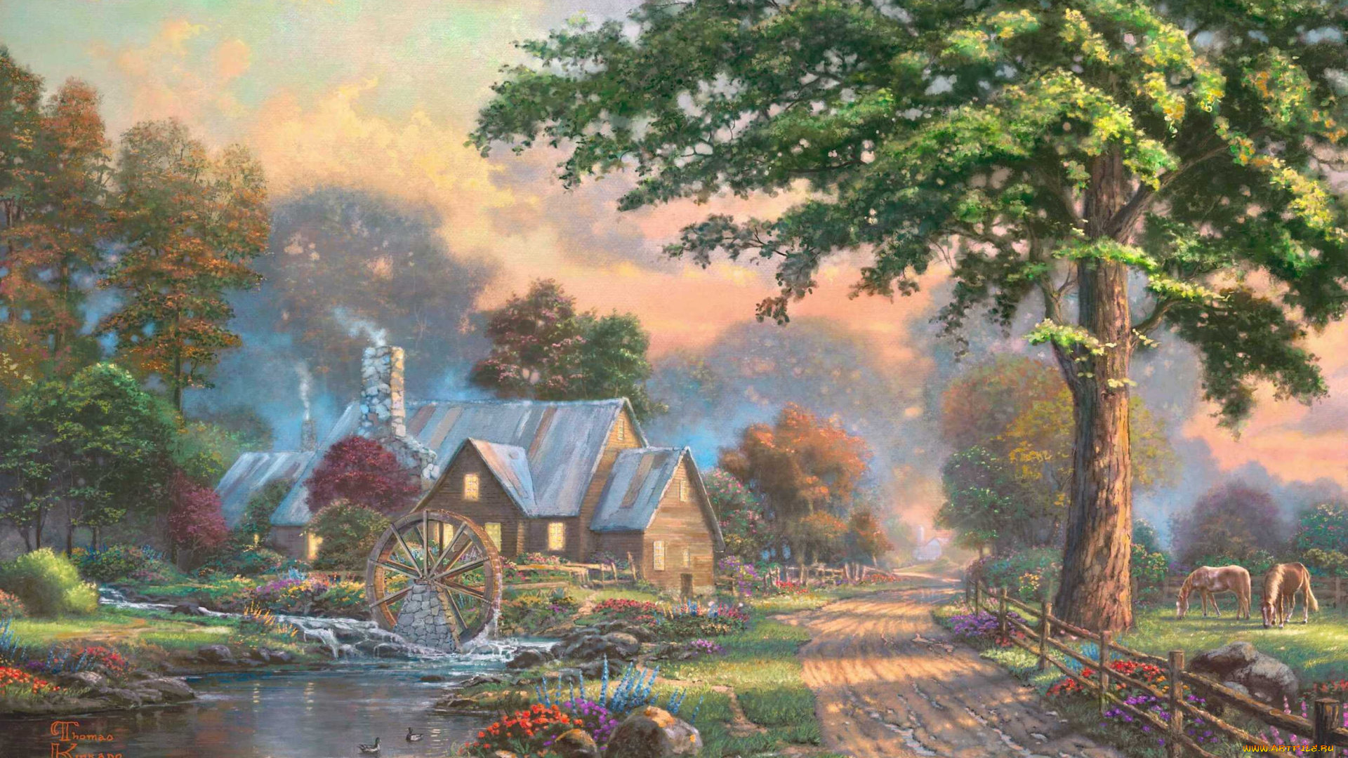 simpler, times, рисованные, thomas, kinkade, деревня, дом, лошадь, река, ручей