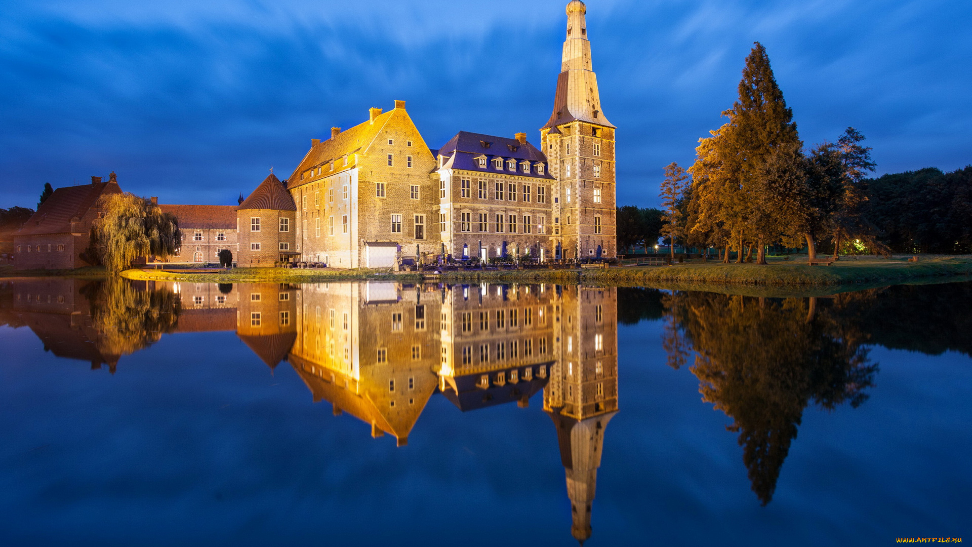 замок, raesfeld, германия, города, -, дворцы, , замки, , крепости, огни, деревья, raesfeld, замок, ночь, река, германия