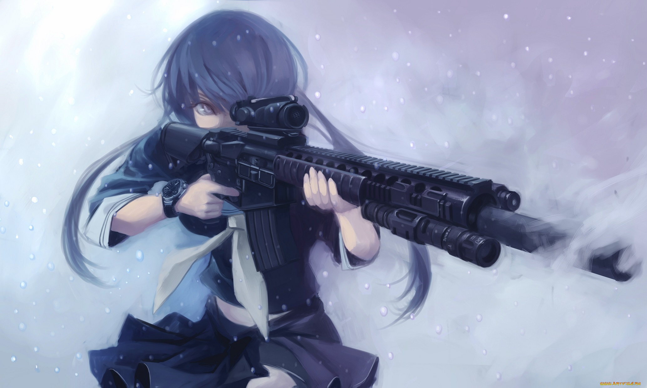 аниме, -weapon, , blood, &, technology, оружие, арт, взгляд, девушка, снег