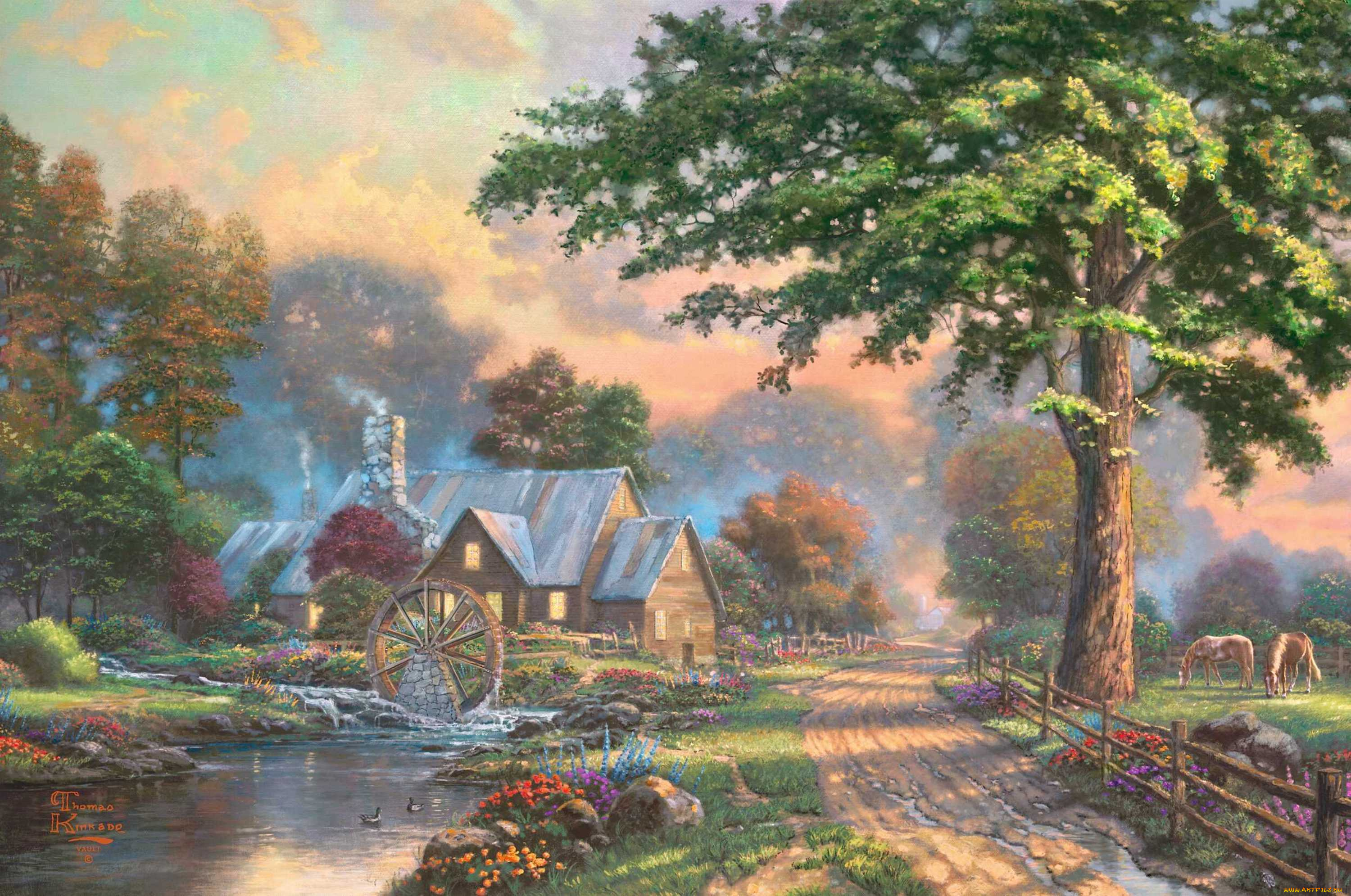 simpler, times, рисованные, thomas, kinkade, деревня, дом, лошадь, река, ручей