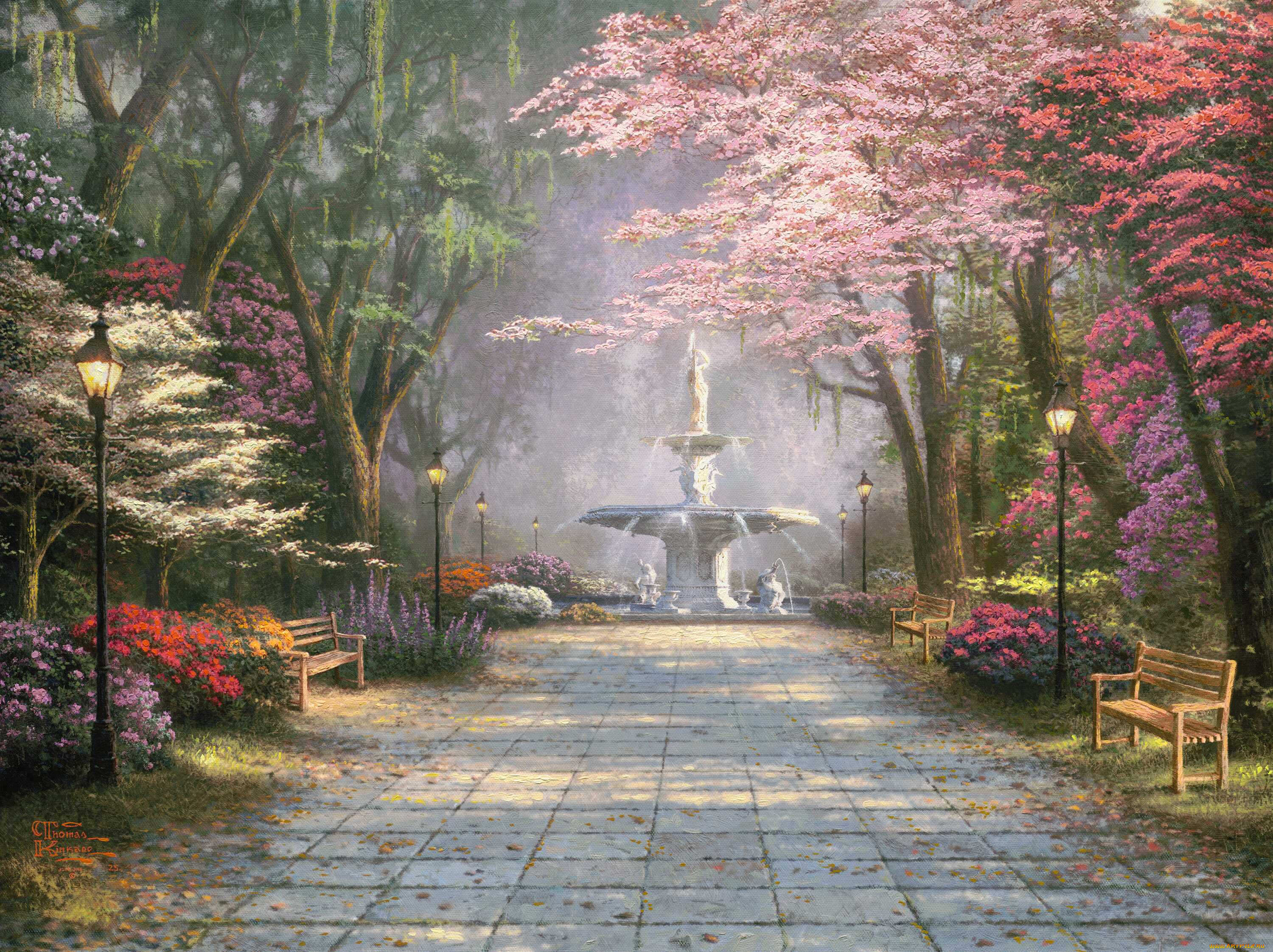 savannah, romance, рисованные, thomas, kinkade, парк, аллея, фонарь, фонтан, цветы