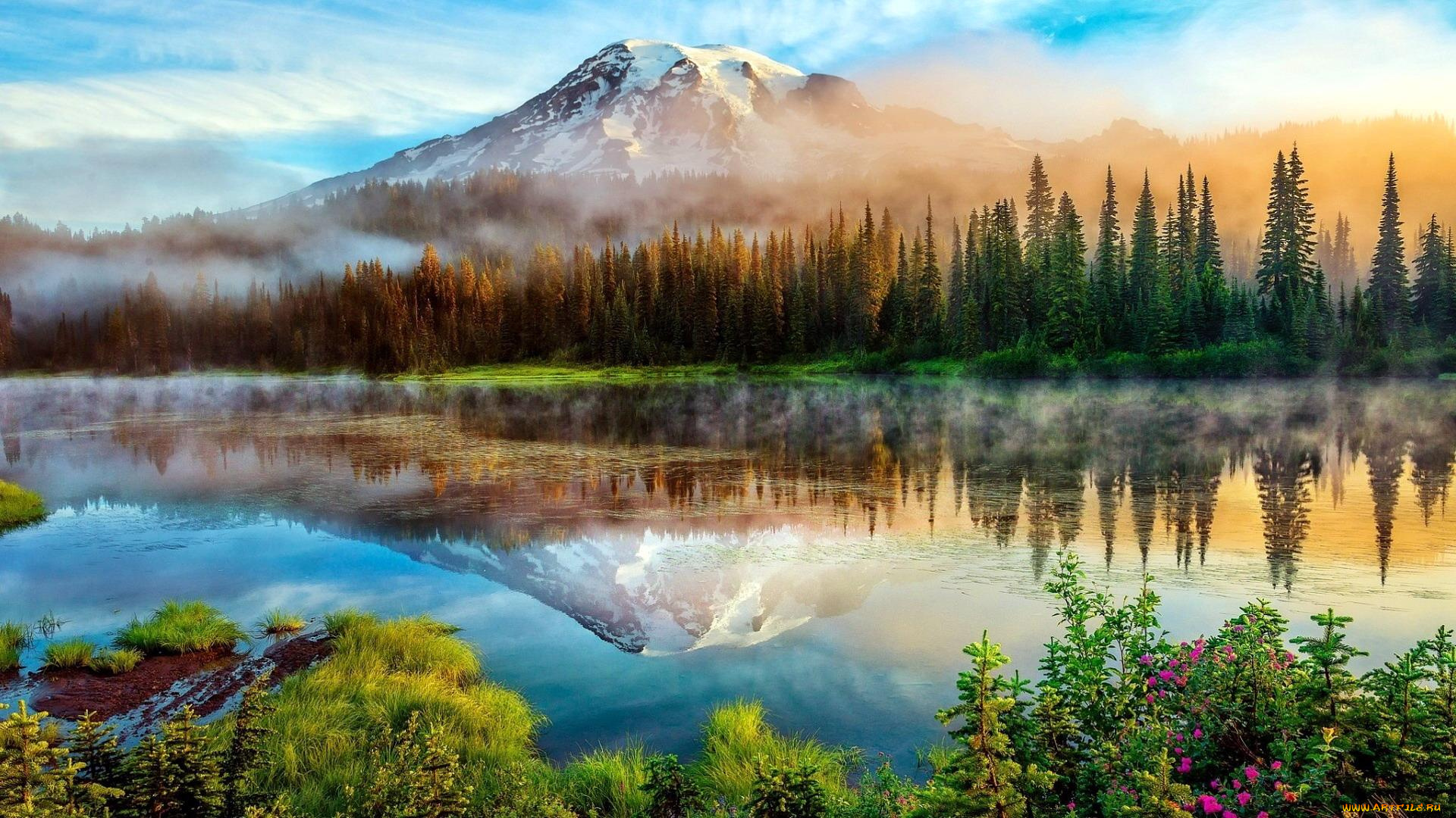 природа, реки, озера, облака, туман, озеро, деревья, отражение, гора