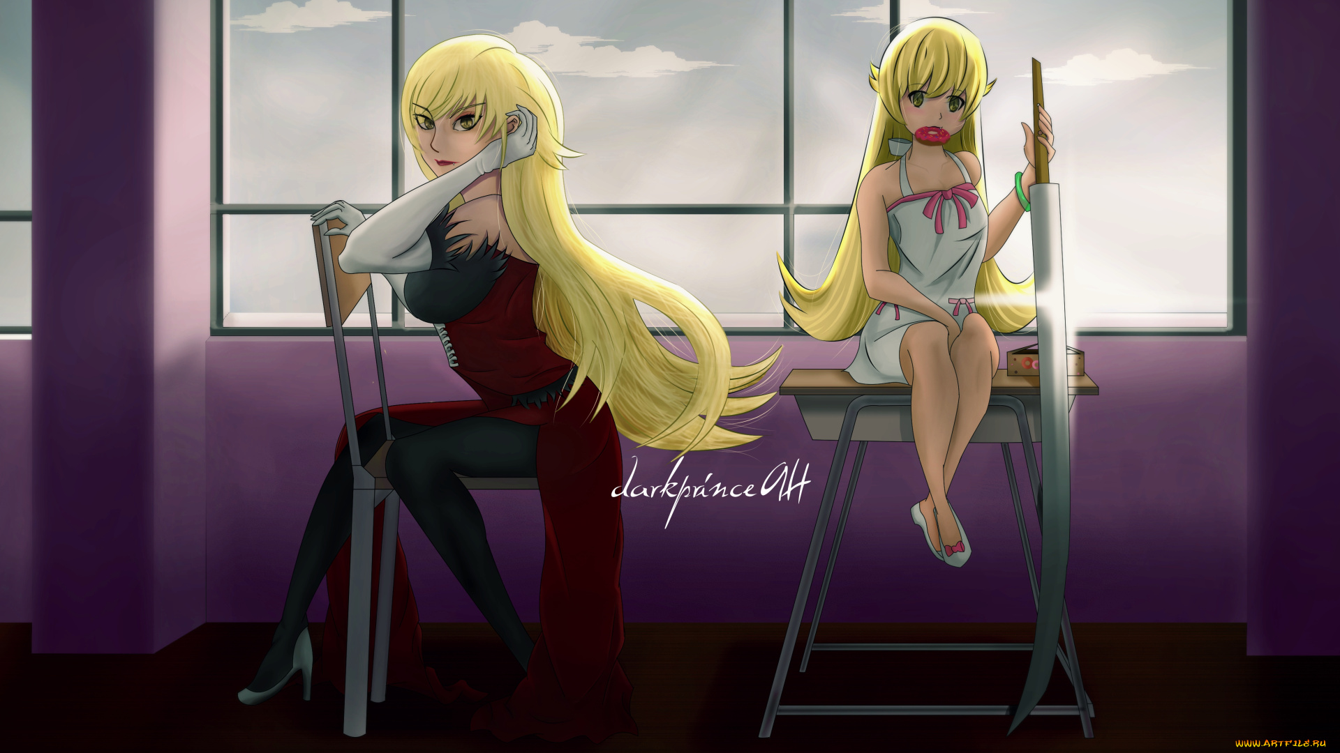 аниме, bakemonogatari, фон, взгляд, девушки