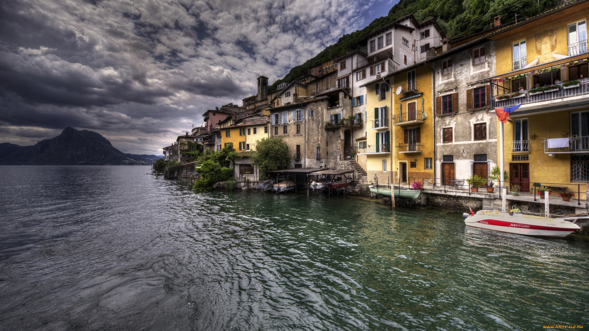 switzerland, , lake, marinas, , village, gandria, города, -, улицы, , площади, , набережные, дома, озеро, горы, тучи, небо, швейцария