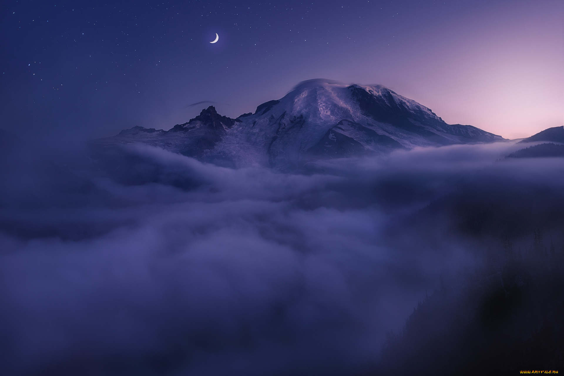природа, горы, луна, туман, сша, ночь, облака, вершина