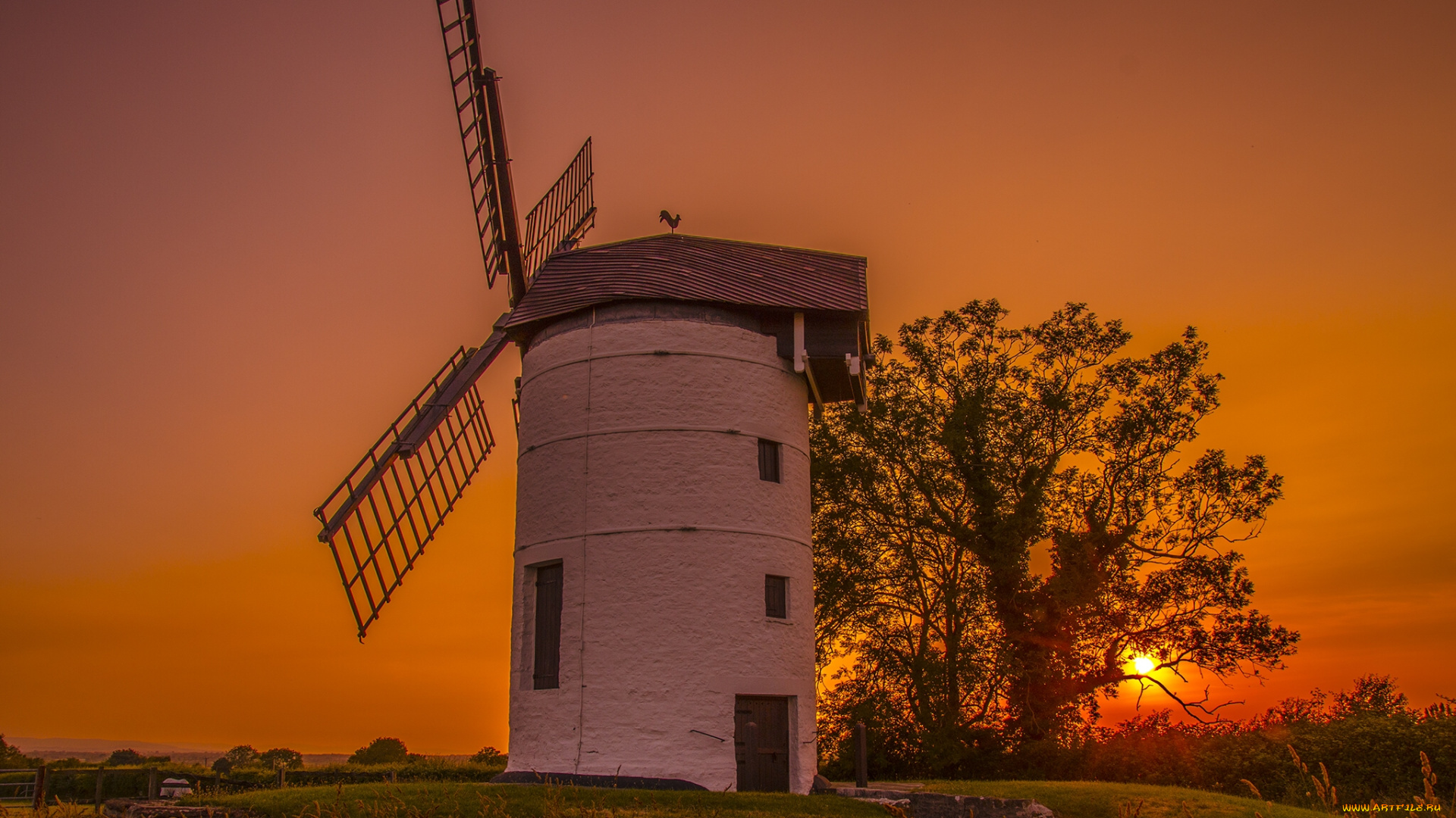 england, разное, мельницы, англия, ветряная, мельница, закат, дерево