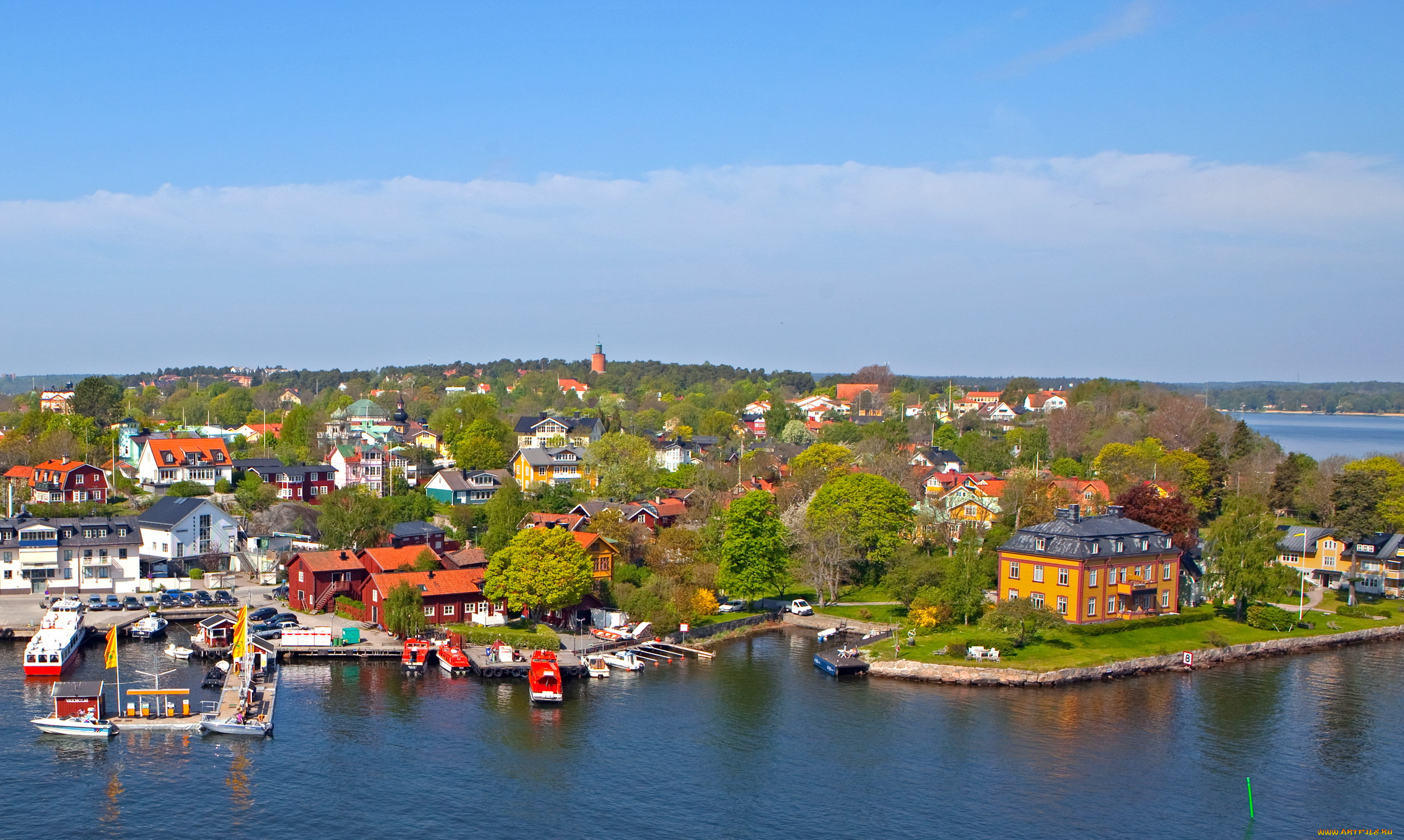 швеция, vaxholm, города, панорамы, дома, река, деревья