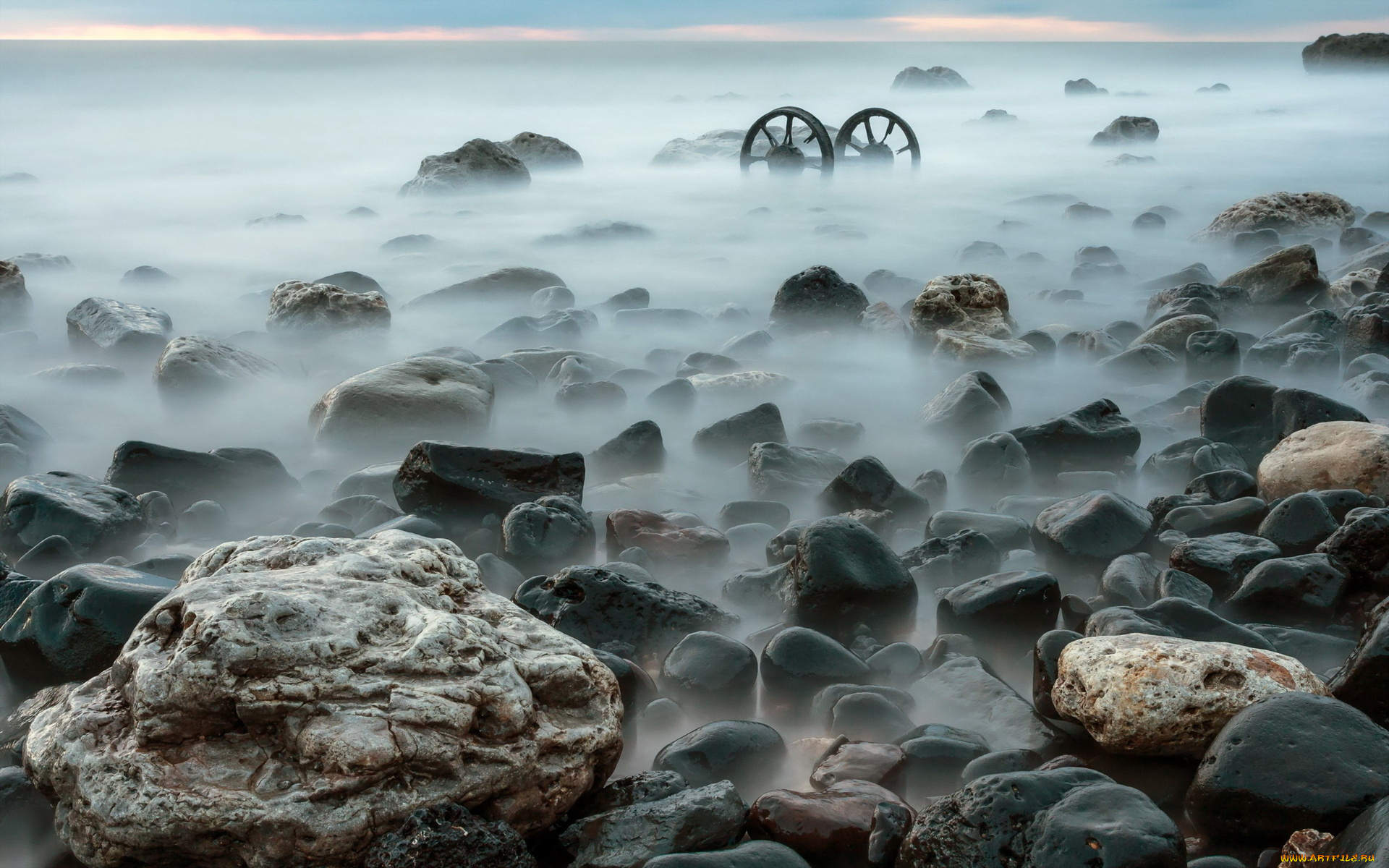 природа, побережье, колеса, туман