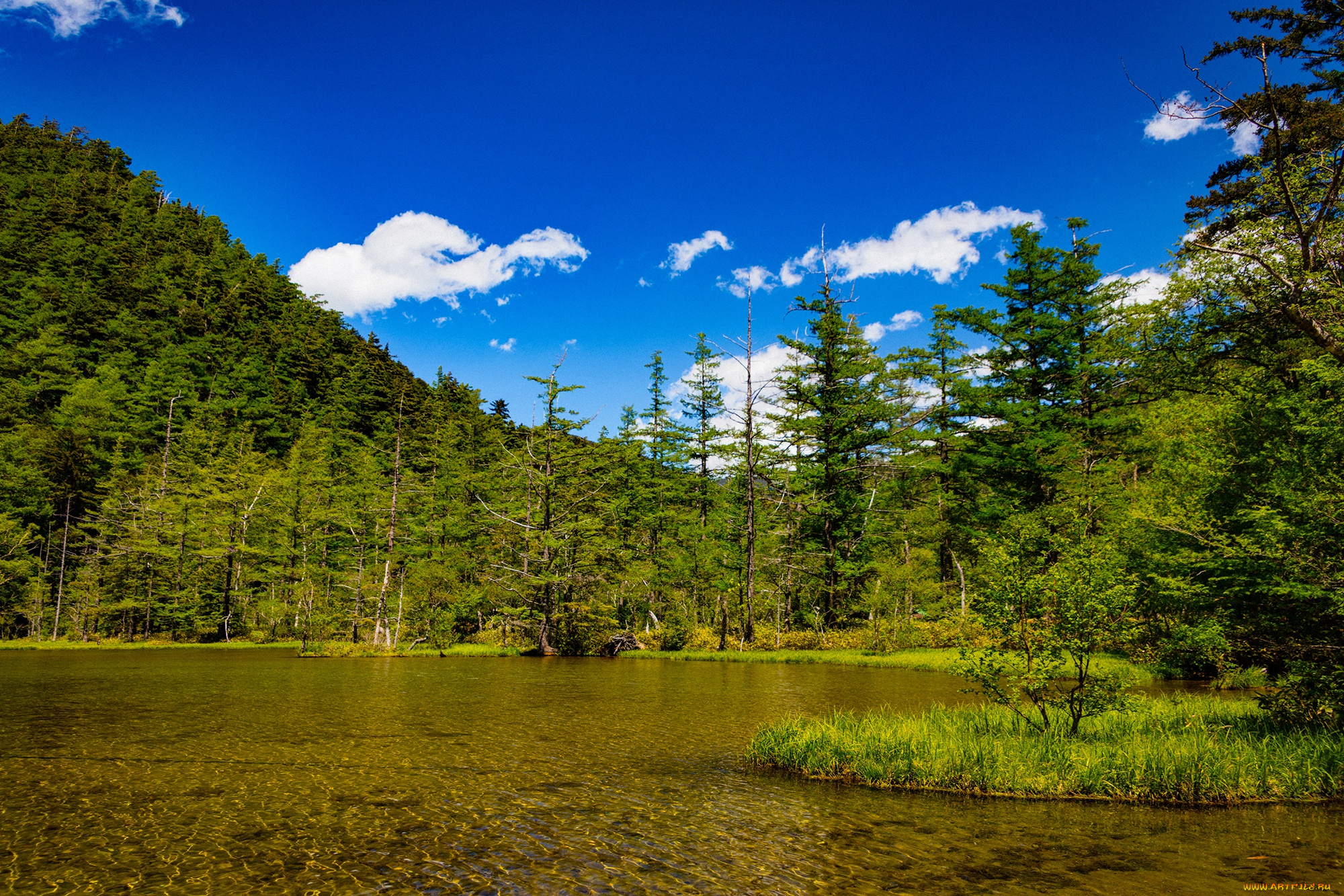 природа, реки, озера, лес, облака, небо, Япония, деревья, горы, nagano, солнце, зелень, озеро, kamikochi