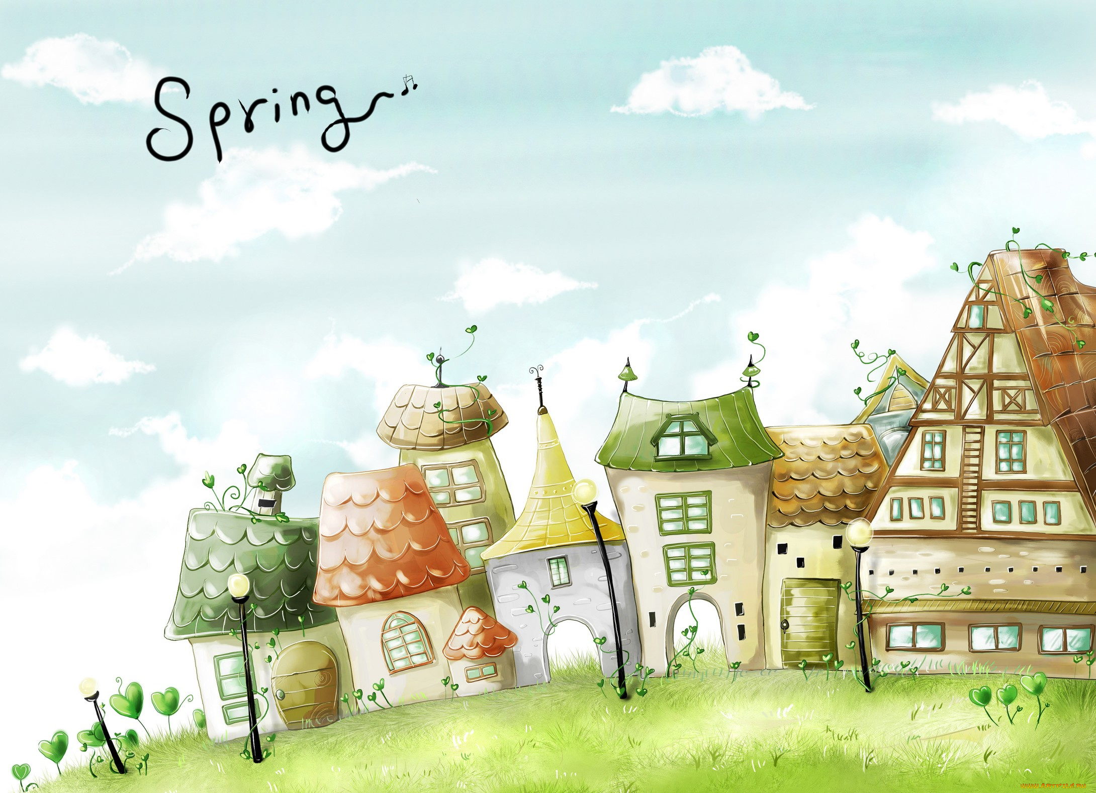 рисованное, города, весна, небо, облака, улица, дома