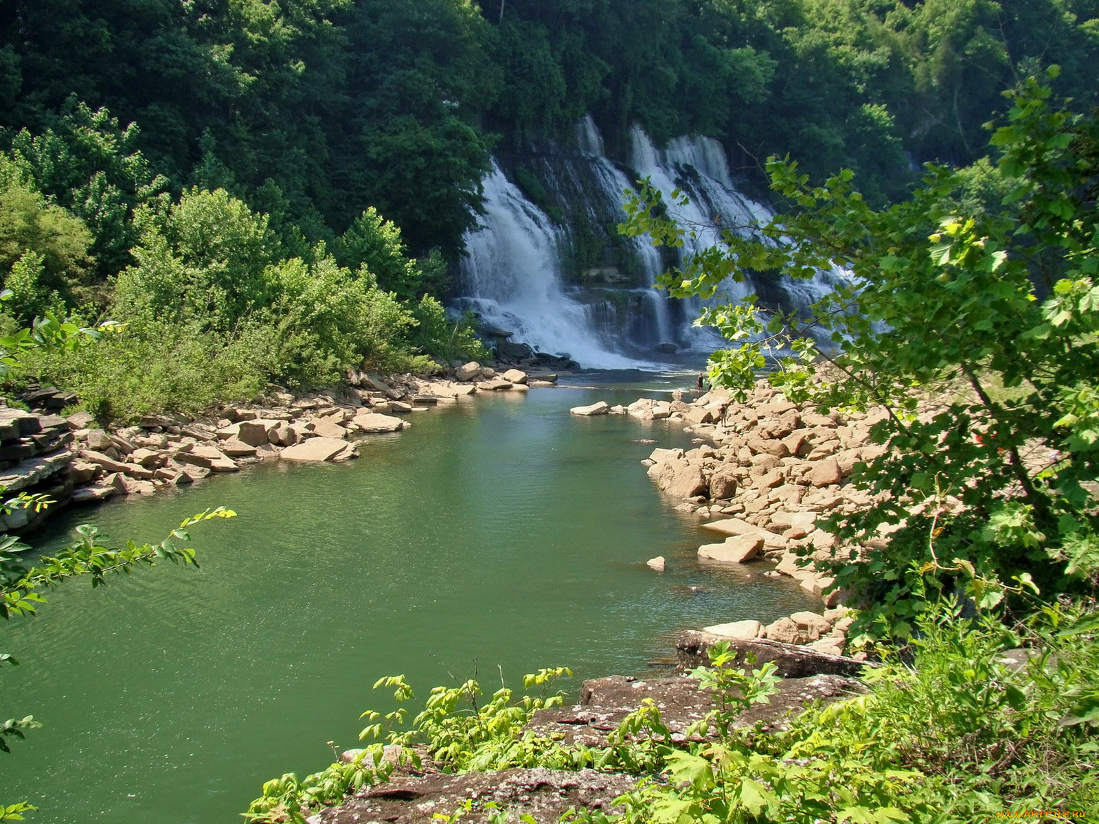 природа, водопады, деревья, река, камни