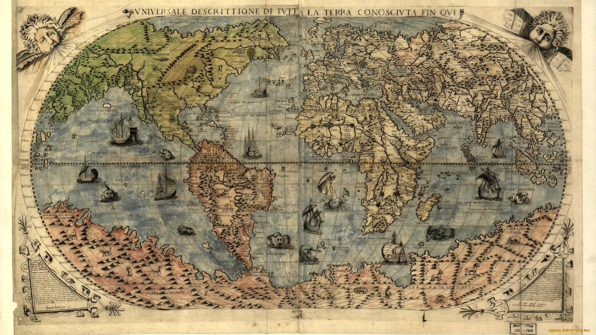 старинная, карта, мира, разное, глобусы, карты, континенты