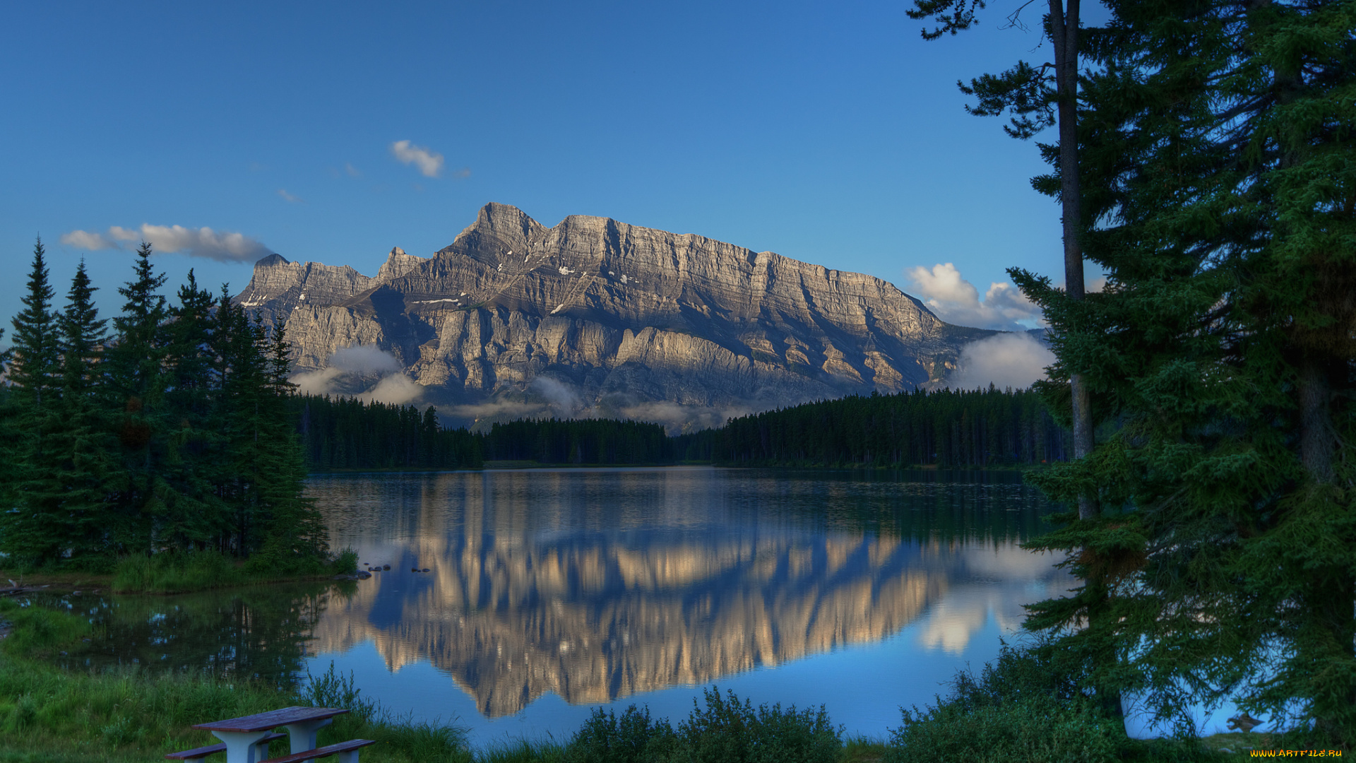 two, jack, lake, banff, national, park, canada, природа, реки, озера, деревья, отражение, пейзаж, гора, канада, озеро, mount, rundle