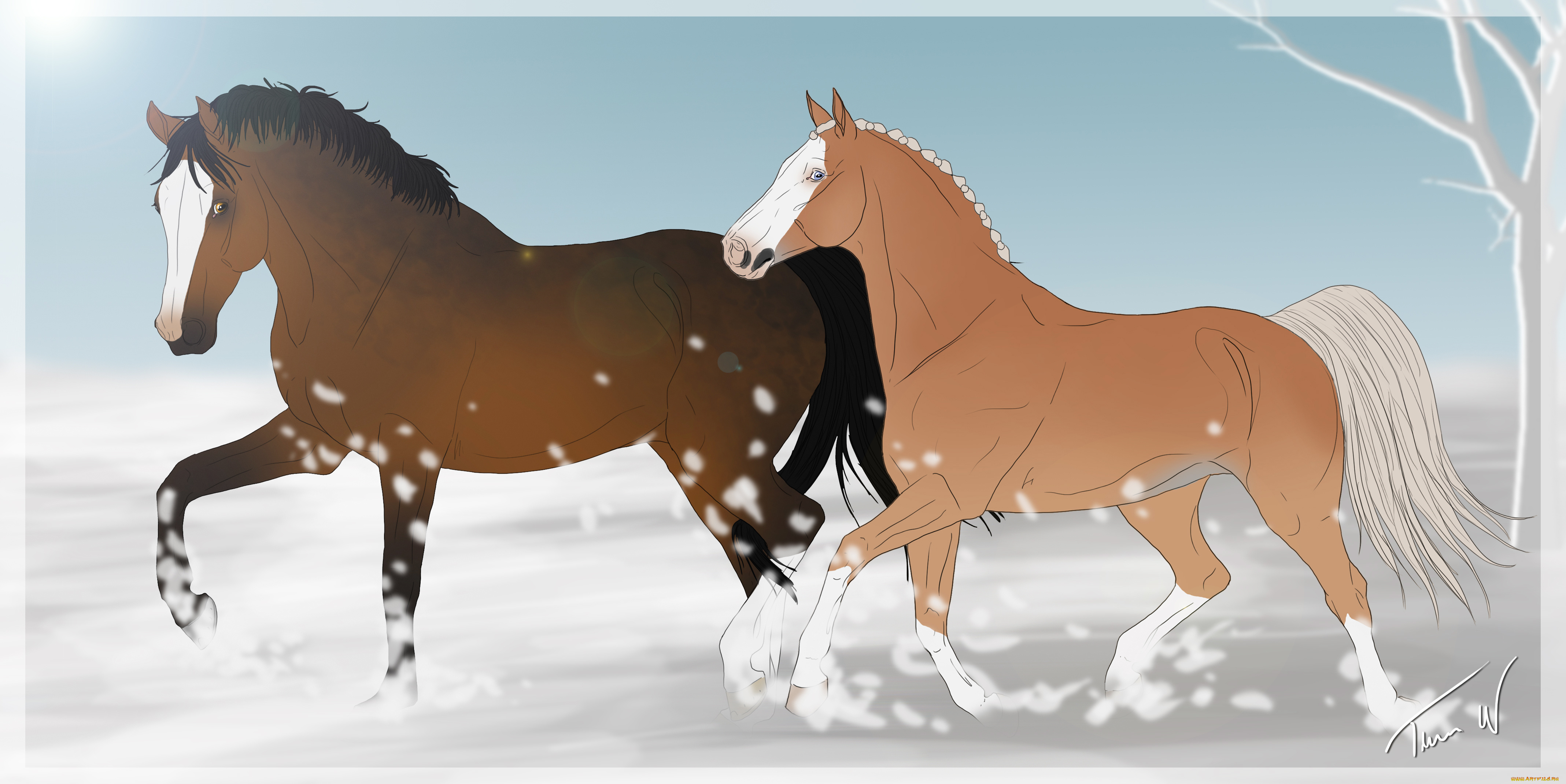 рисованные, животные, лошади, снег