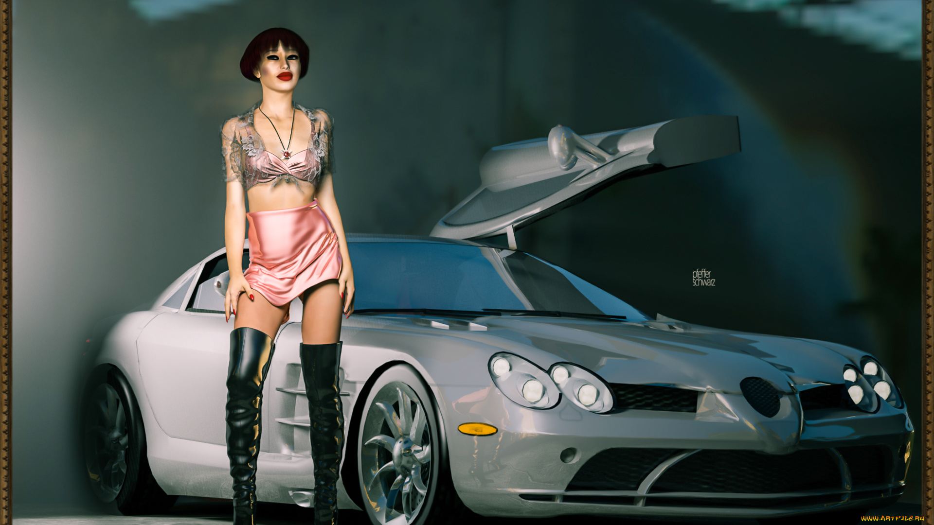 автомобили, 3d, car&girl, автомобиль, взгляд, девушка