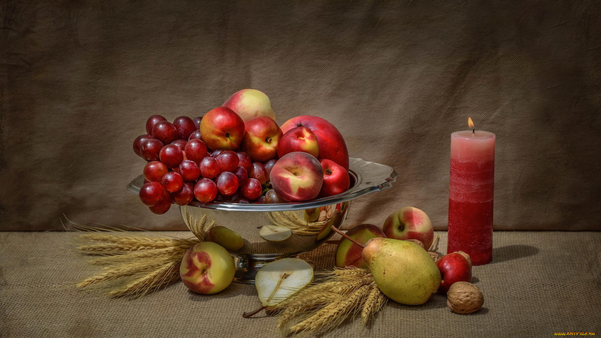 еда, натюрморт, свеча, орех, груши, фрукты, виноград, яблоки