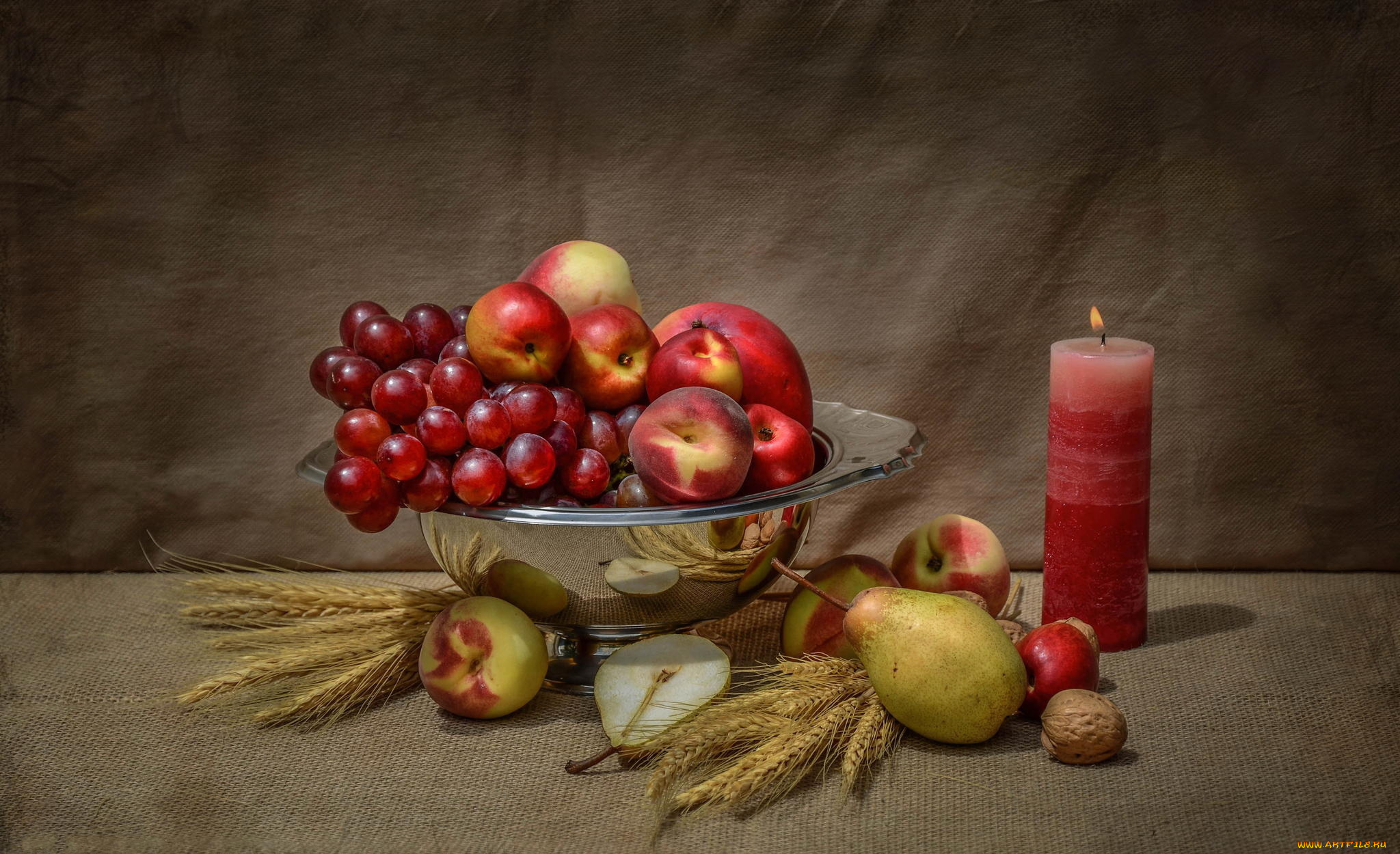 еда, натюрморт, свеча, орех, груши, фрукты, виноград, яблоки