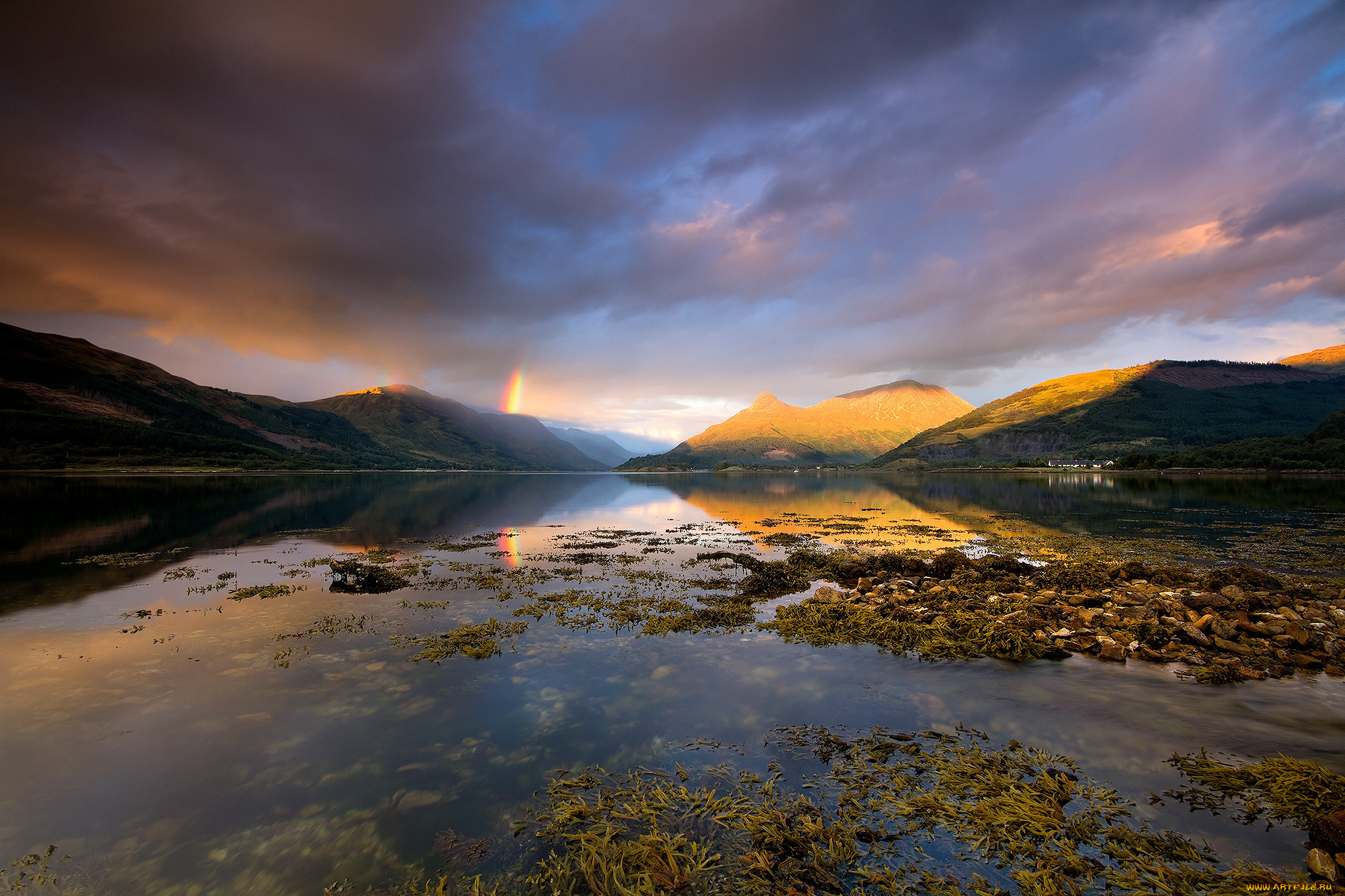 природа, радуга, тучи, облака, горы, озеро, лох-левен, шотландия