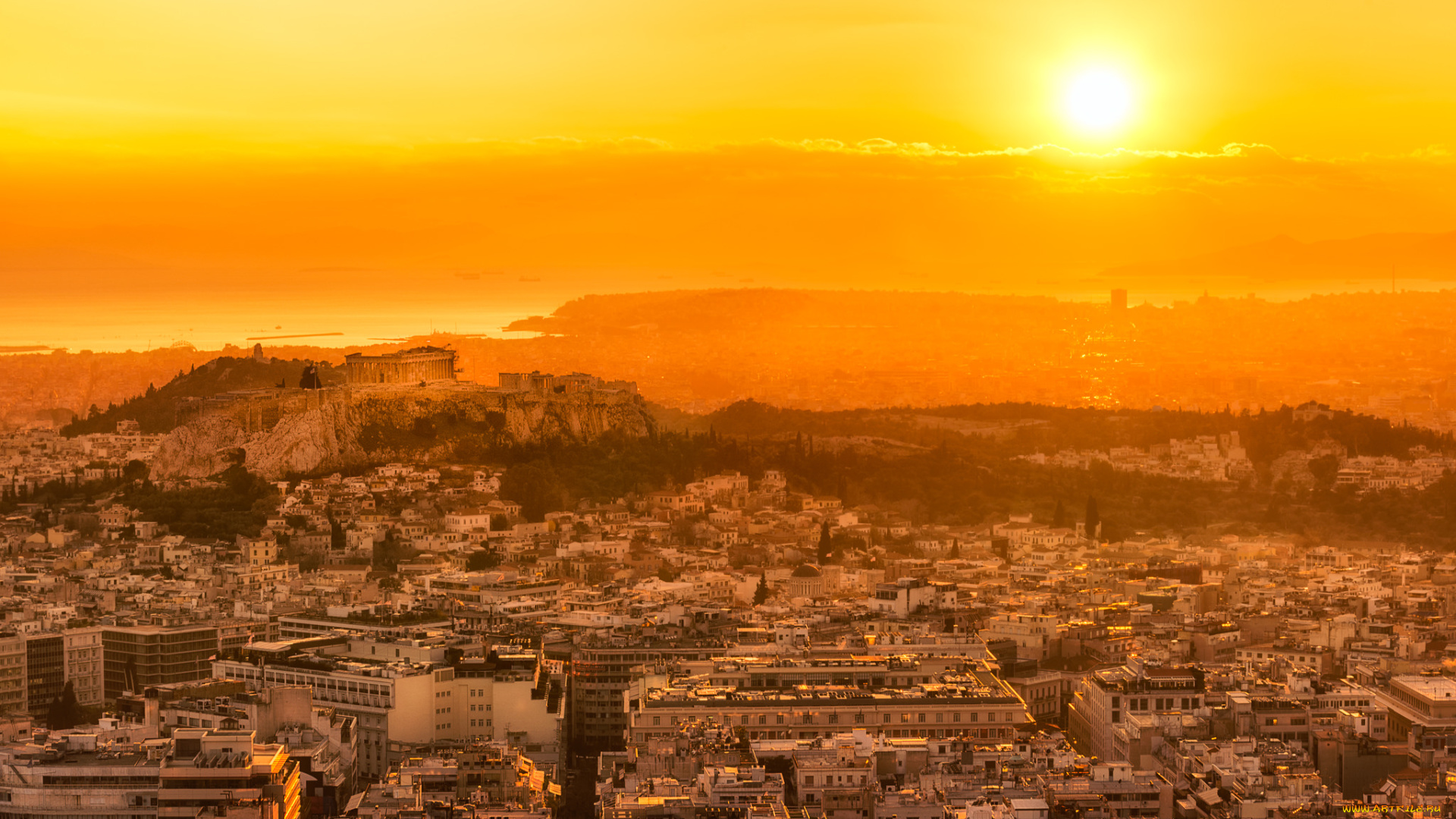 athens, lycabettus, hill, sunset, города, афины, , греция, панорама