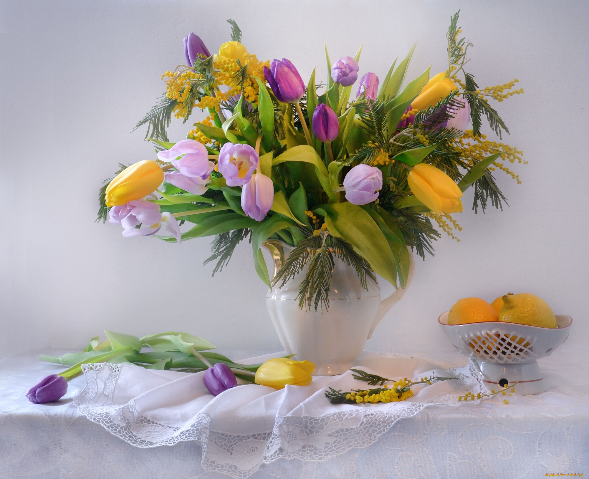 еда, натюрморт, букет, весна, март, мимоза, праздничный, тюльпаны, фото, цветы