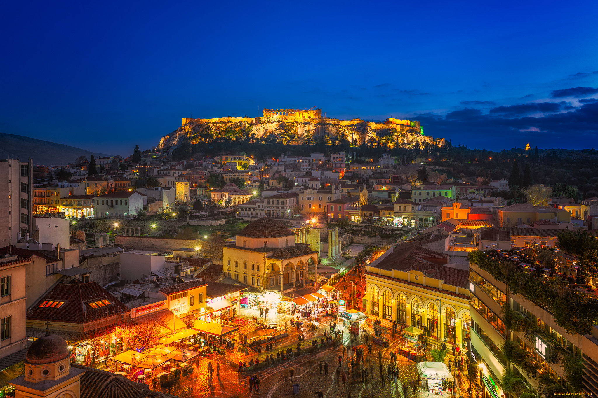 athens, monastiraki, square, at, night, города, афины, , греция, панорама